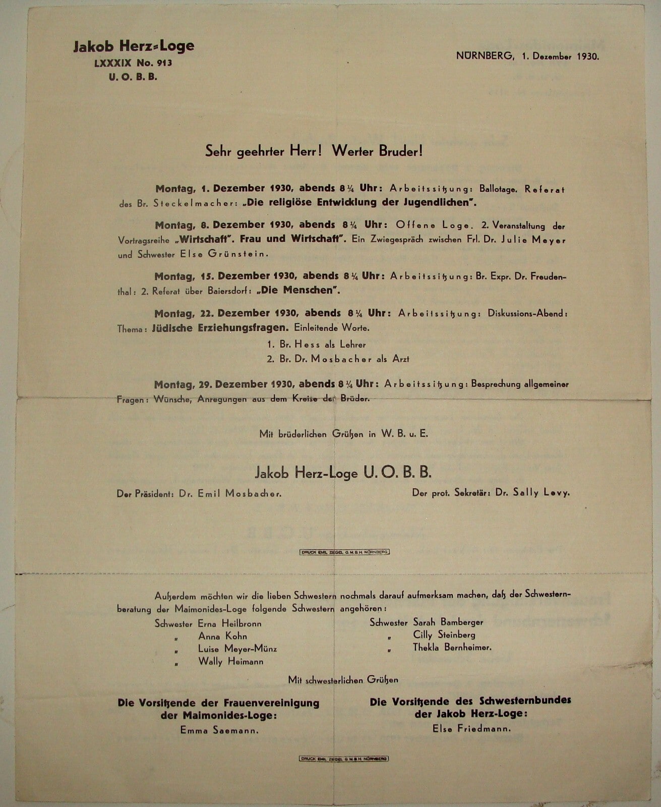 Germany Letter Jewish Judaica 1930 German BNAI BRITH Nurnberg Lodge Masonic Styl