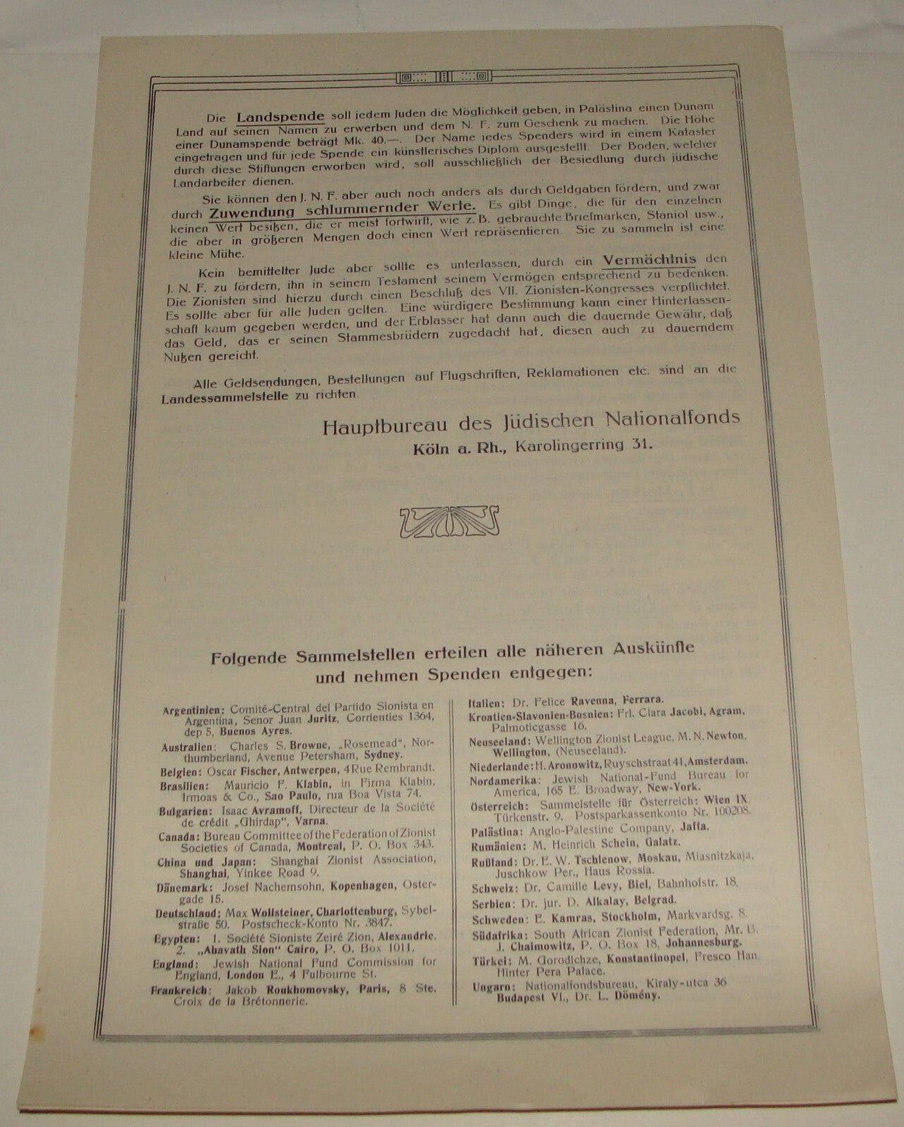 Germany National Fund Jewish RARE Judaica 1912 German Info Leaflet Zionist Koln
