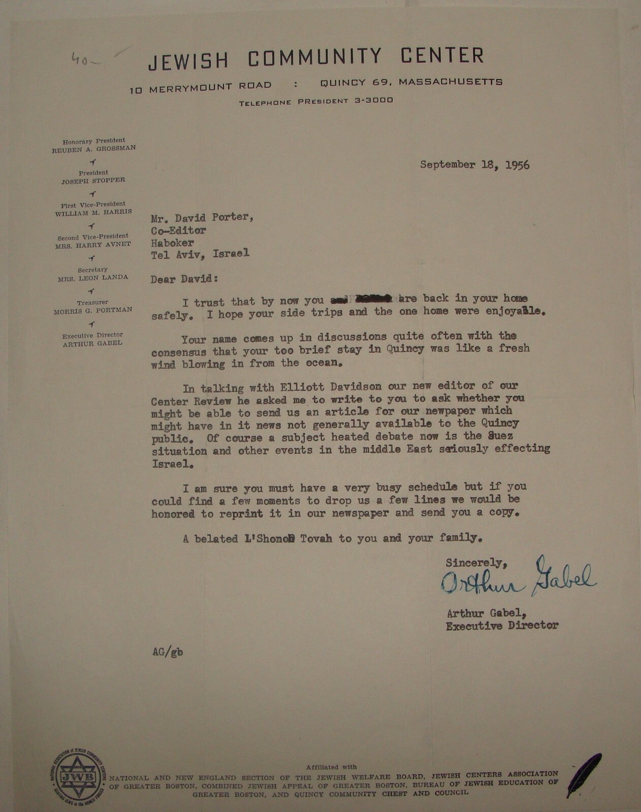 Letter Jewish American Judaica United States Community Center Signed Quincy Mass