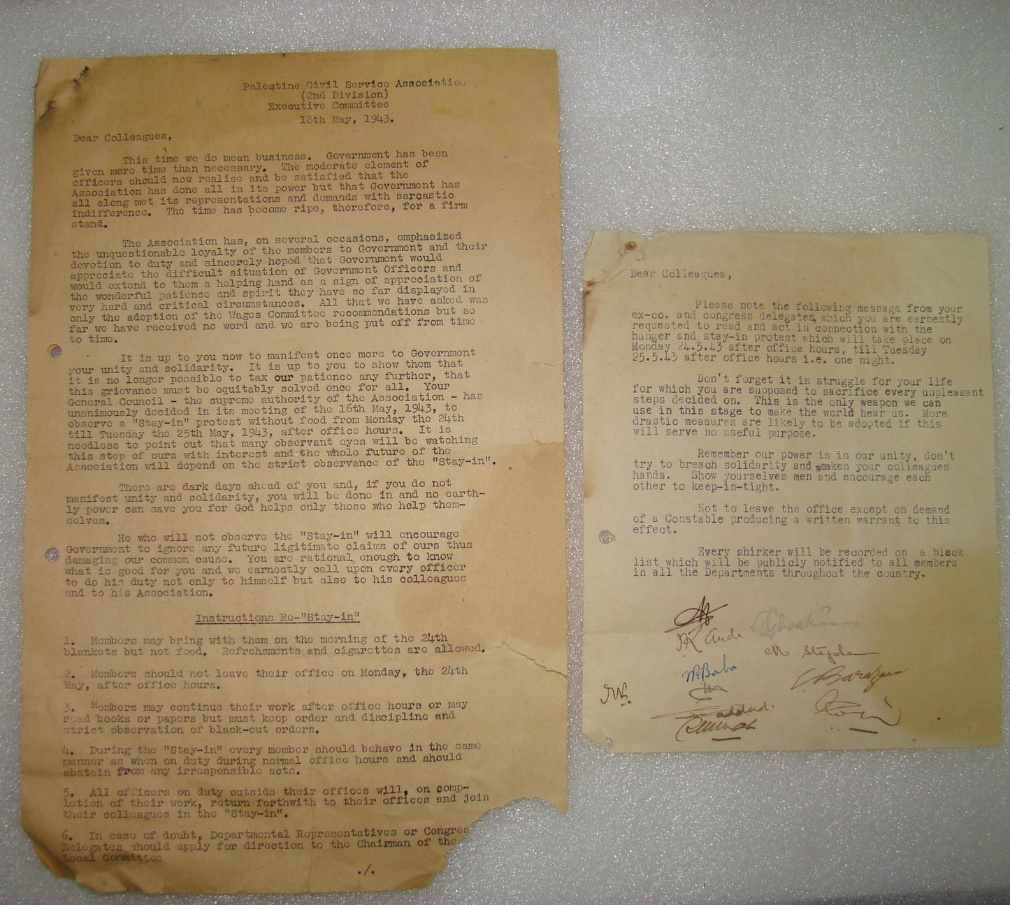 Letter Palestine Civil Service Association 2nd Division 1943 Strike Protest