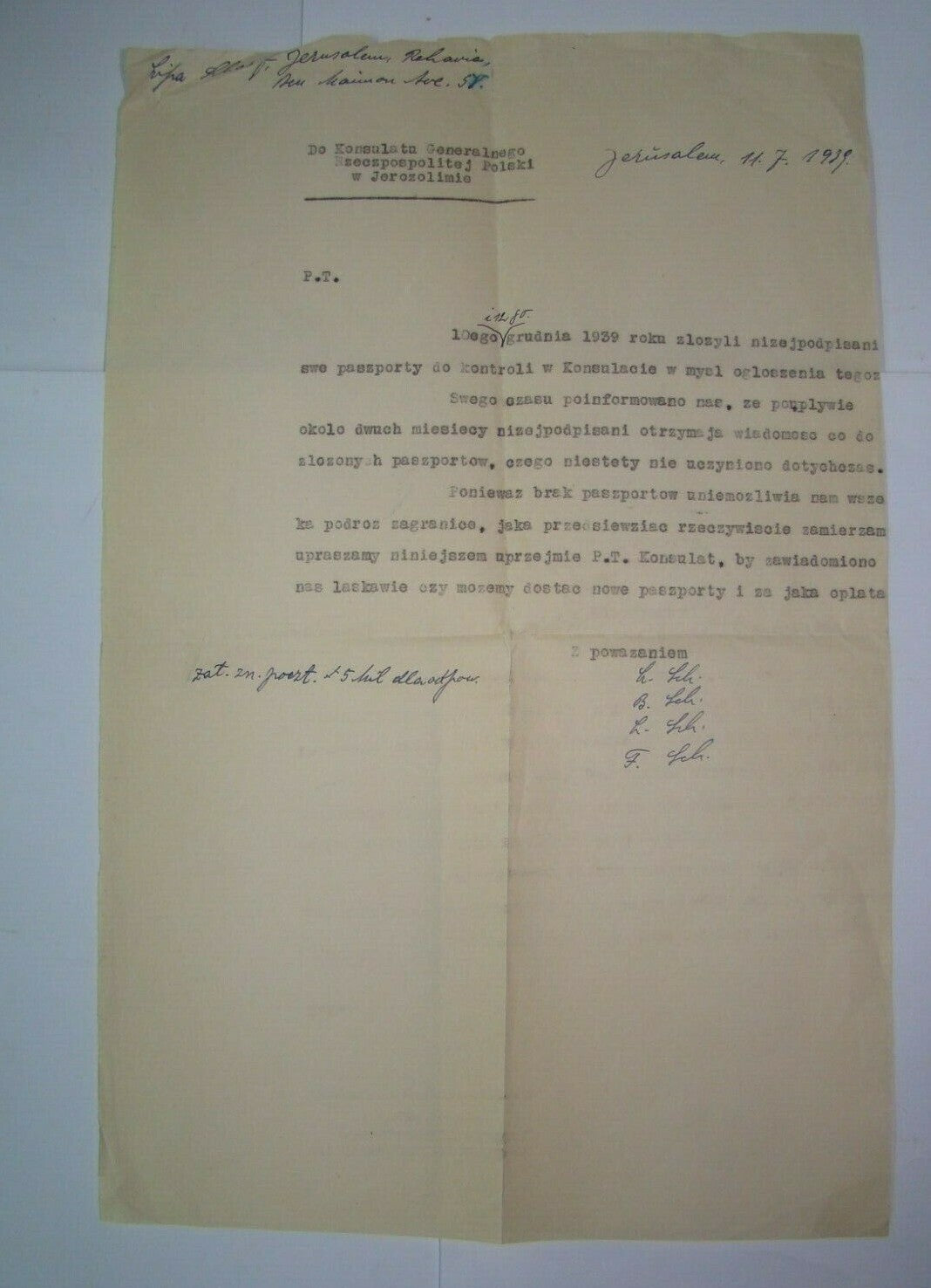 letter Jewish Judaica Poland Polish to Jerusalem WW2 1939 passport