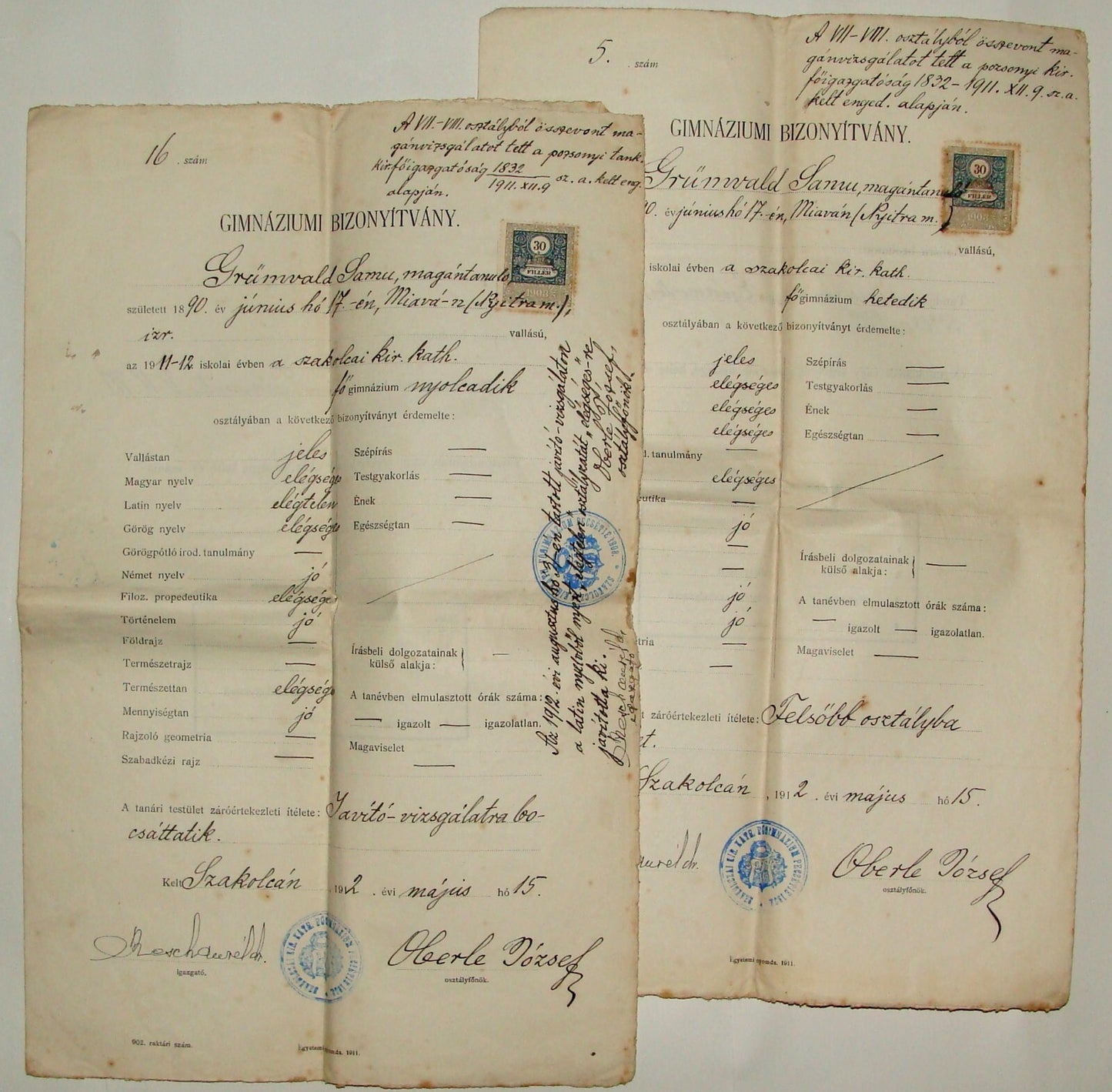 Stamp Jewish 1910s Hungary High School Certificate Diploma x2 Judaica ?