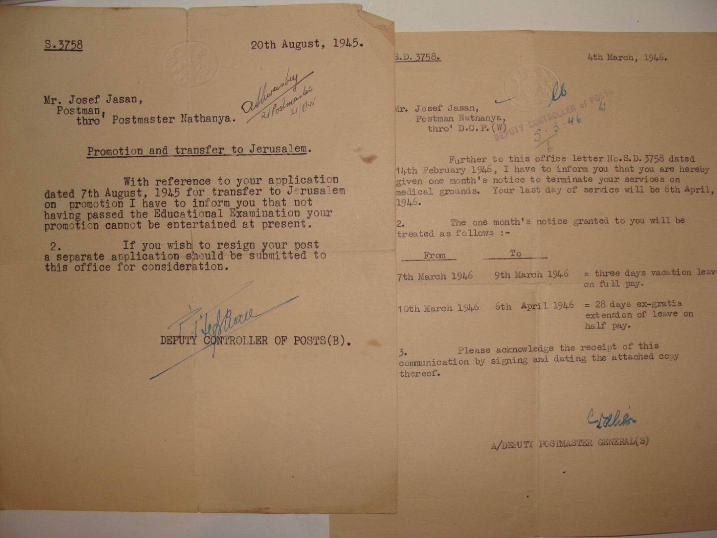 Letter Palestine Jewish Judaica 1945 Israel Post Office Postmaster Natanya x2
