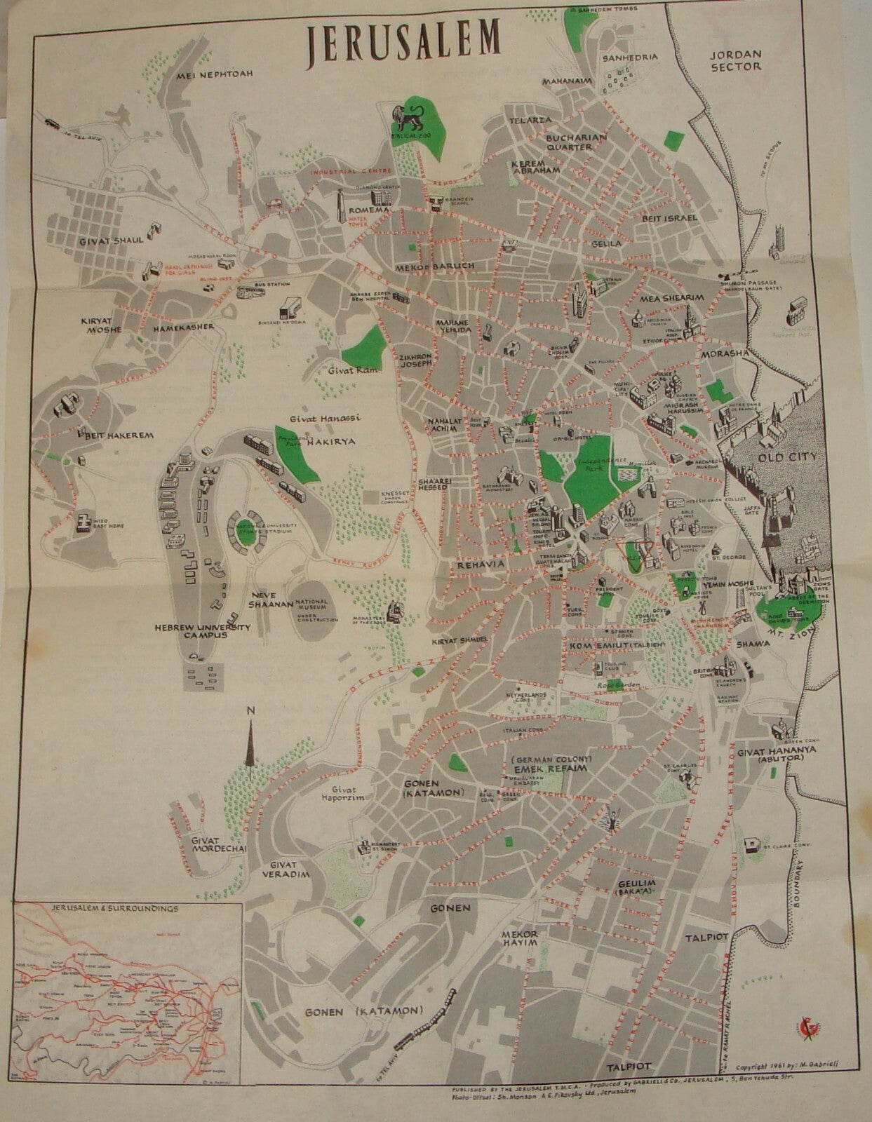 Jewish Judaica 1961 Israel JERUSALEM Pictorial Map Pre Six Day War YMCA Guide