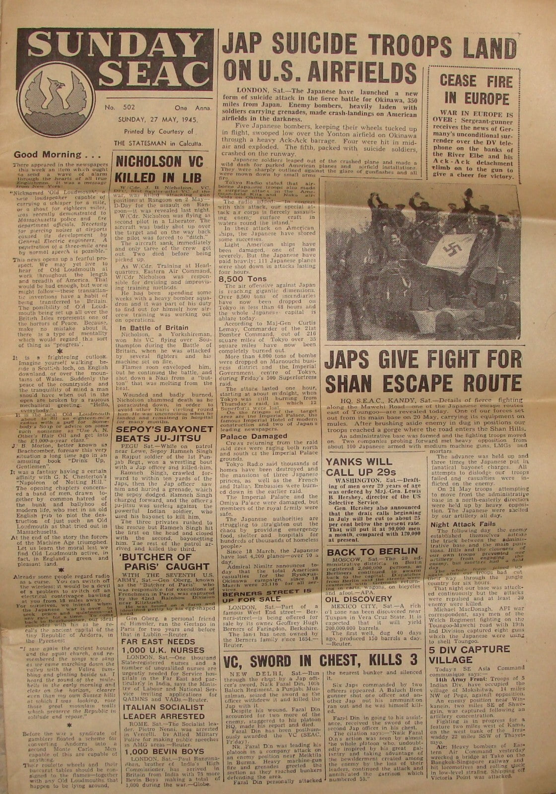 Germany SUNDAY SEAC 1945 WWII British Army Military India Newspaper JAPAN USA