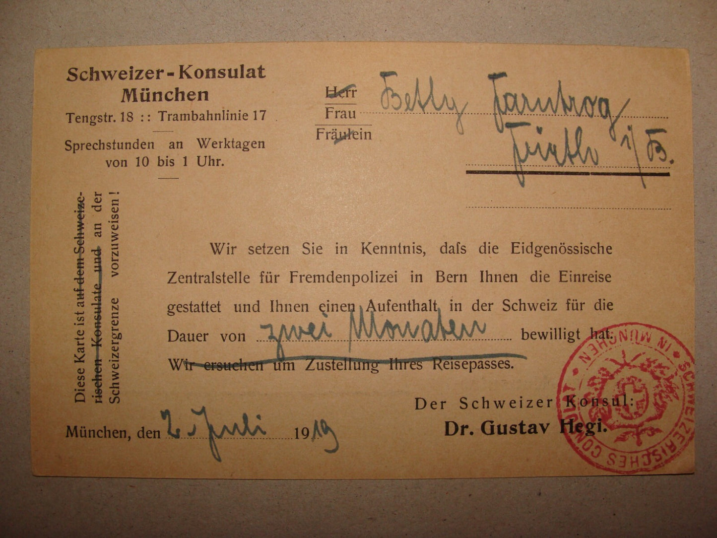 Germany 1919 Switzerland Consul Consulate Munich German Card Certificate