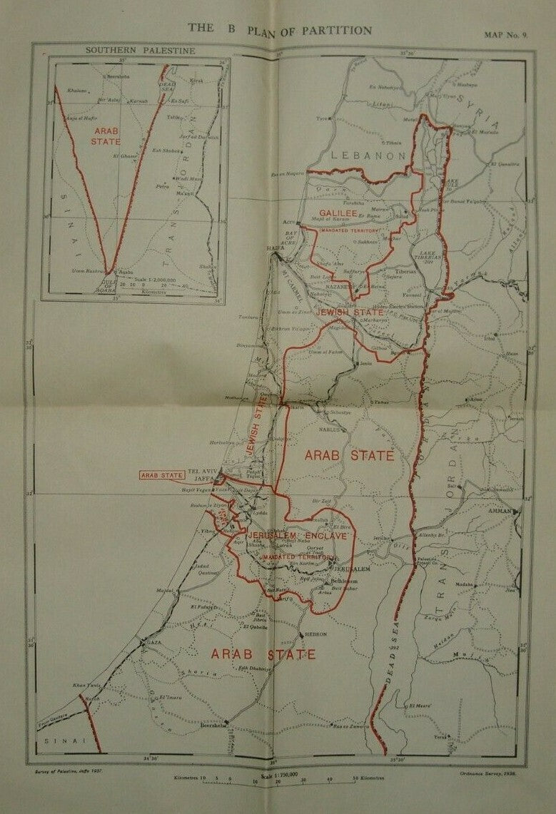Jewish Arab State Judaica Palestine Eretz Israel B Plan Partition Map 1938