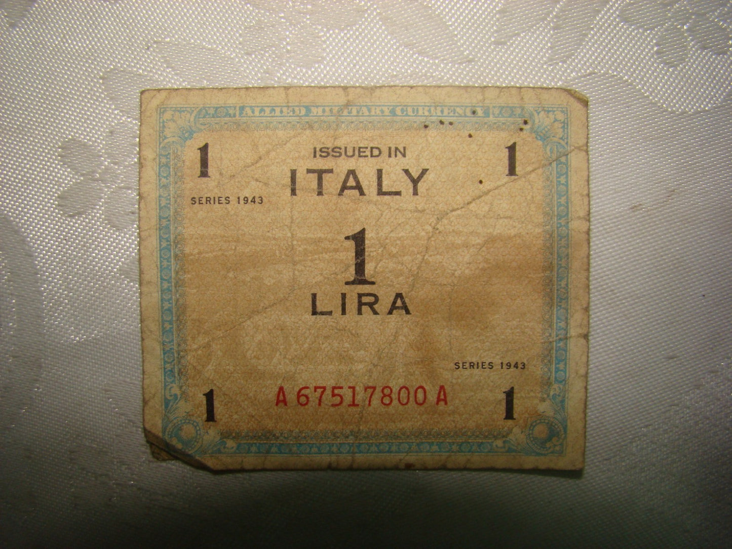 WW2 1943 Allied Military Currency Italy 1 Lira Bill Banknote