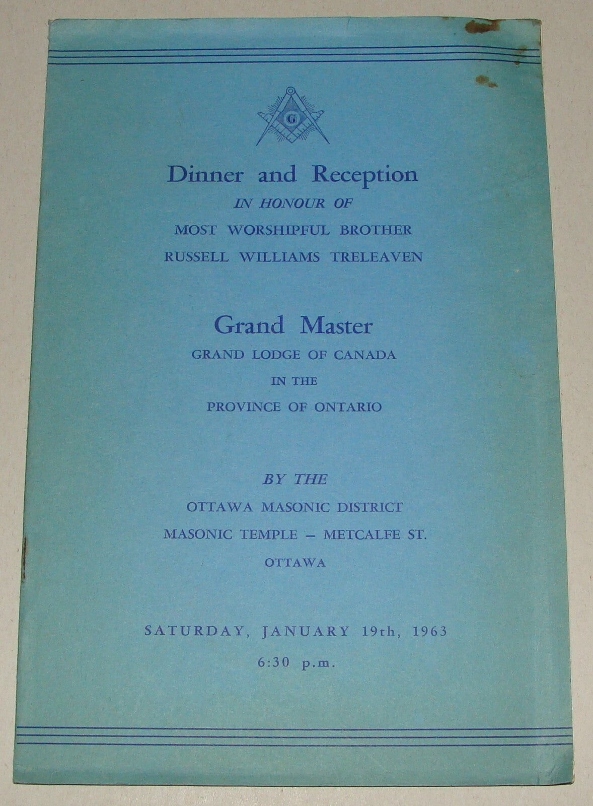 Masonic Freemason Russel Williams Treleaven Canada Ottawa Lodge Dinner Menu 1963