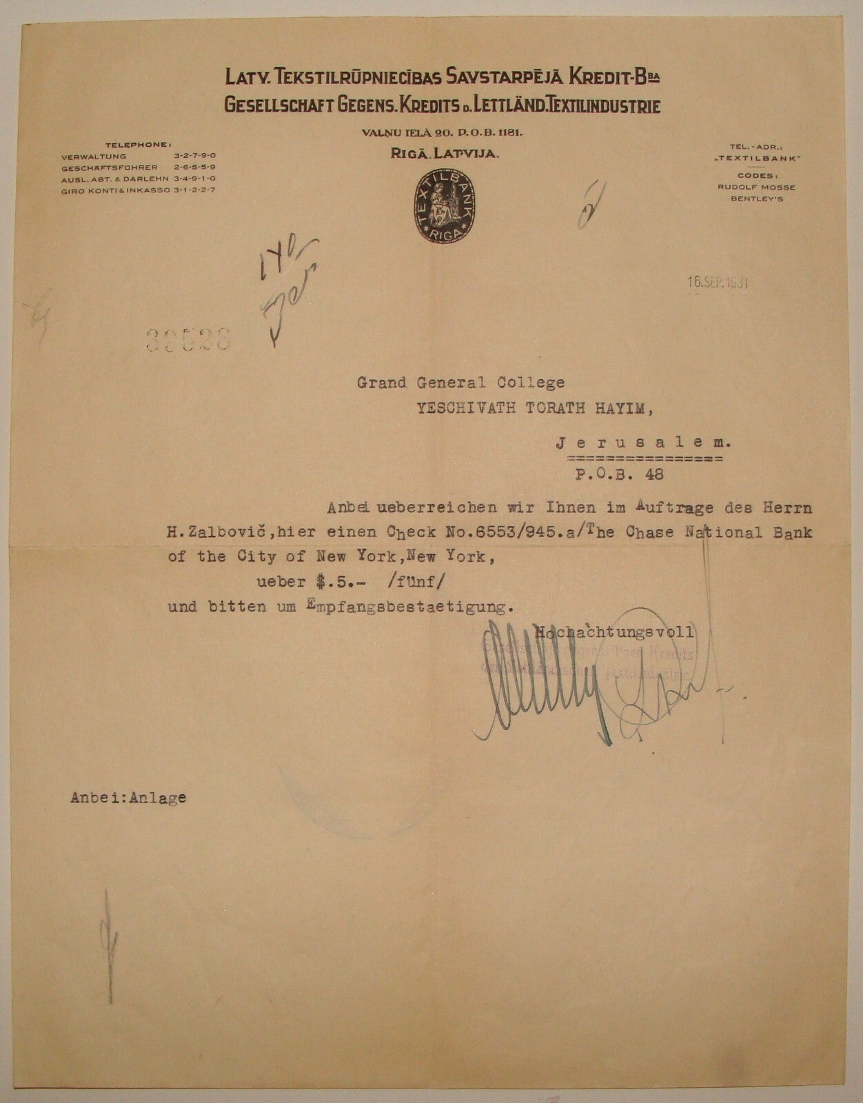 Letter Palestine Jewish Judaica 1931 Latvia Riga To Jerusalem Yeshiva Israel