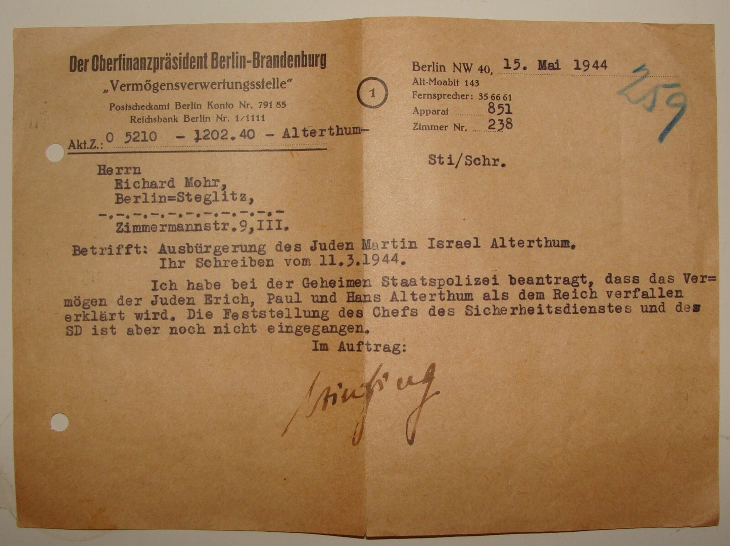 Germany Letter Jewish RARE Judaica 1944 WWII German Nazi Reich ALTERTHUM Deport