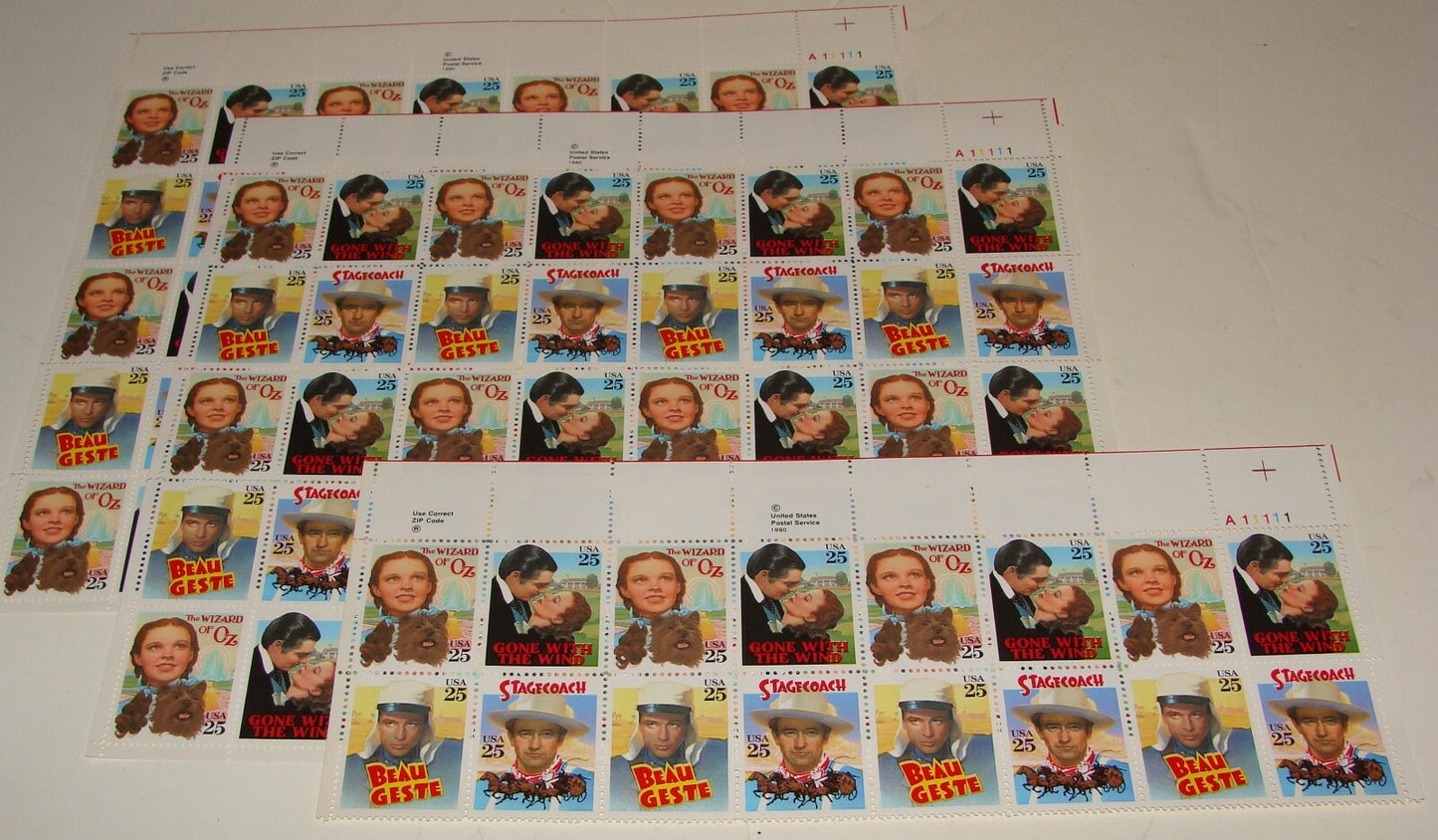 1990 United States Movie Stamp Sheet x3 Stagecoach, Beau Geste, Wizard of Oz