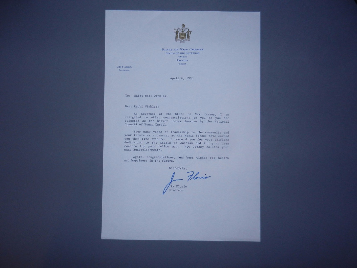 Letter Jewish Jim Florio Governor NJ To rabbi judaica Not Hand Autograph print