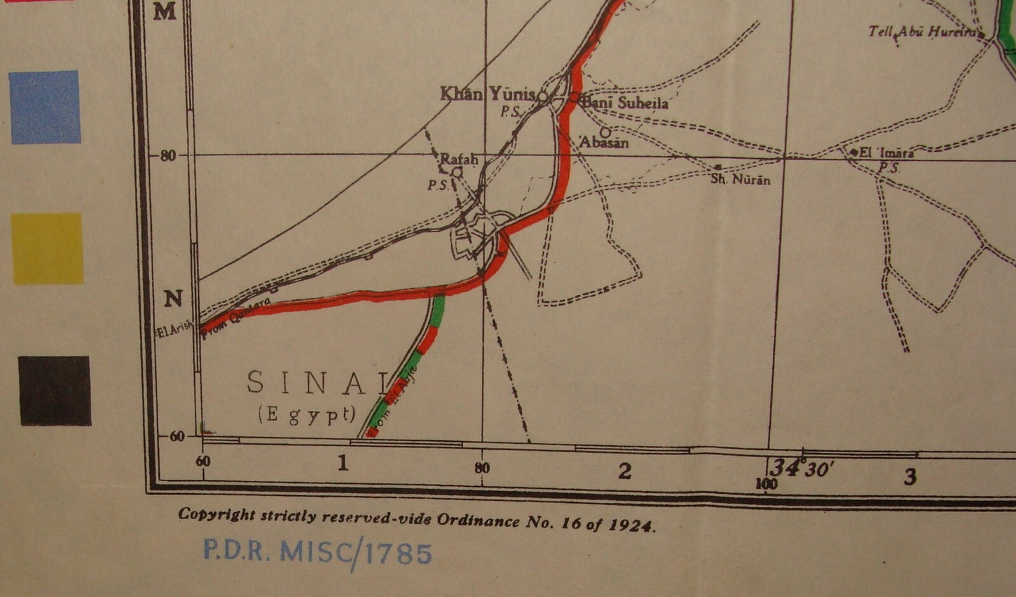 RARE 1945 WWII British Army Military Palestine Israel CONVOY ROUTES Map
