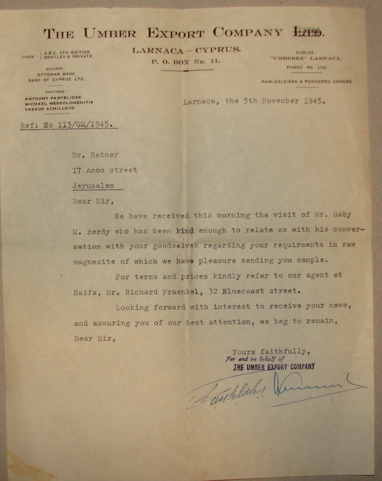 1945 Cyprus Larnaca Letter UMBER EXPORT COMPANY Umberex