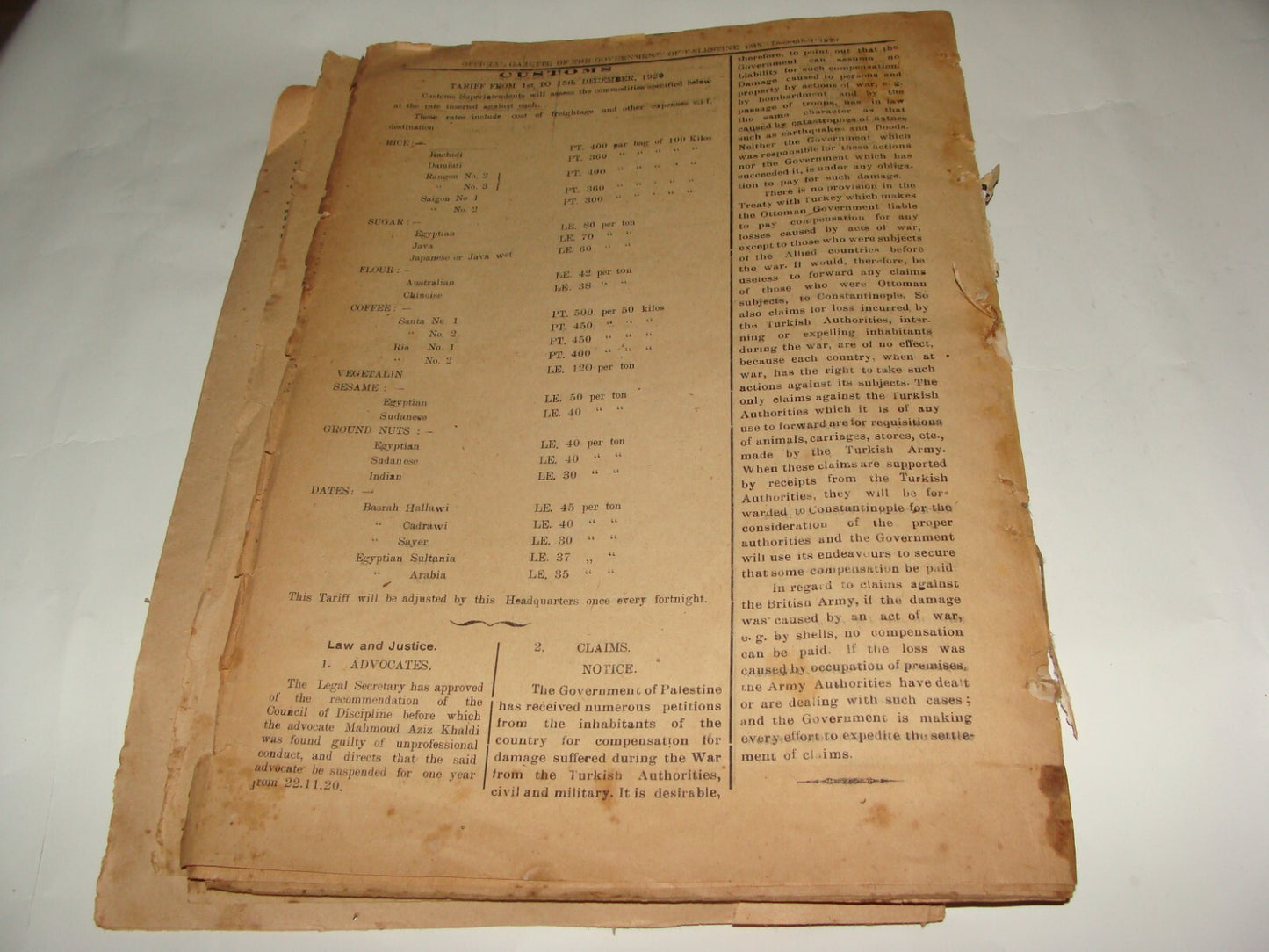 Pol Newspaper Palestine RARE British Government of Gazette OETA SOUTH 1920