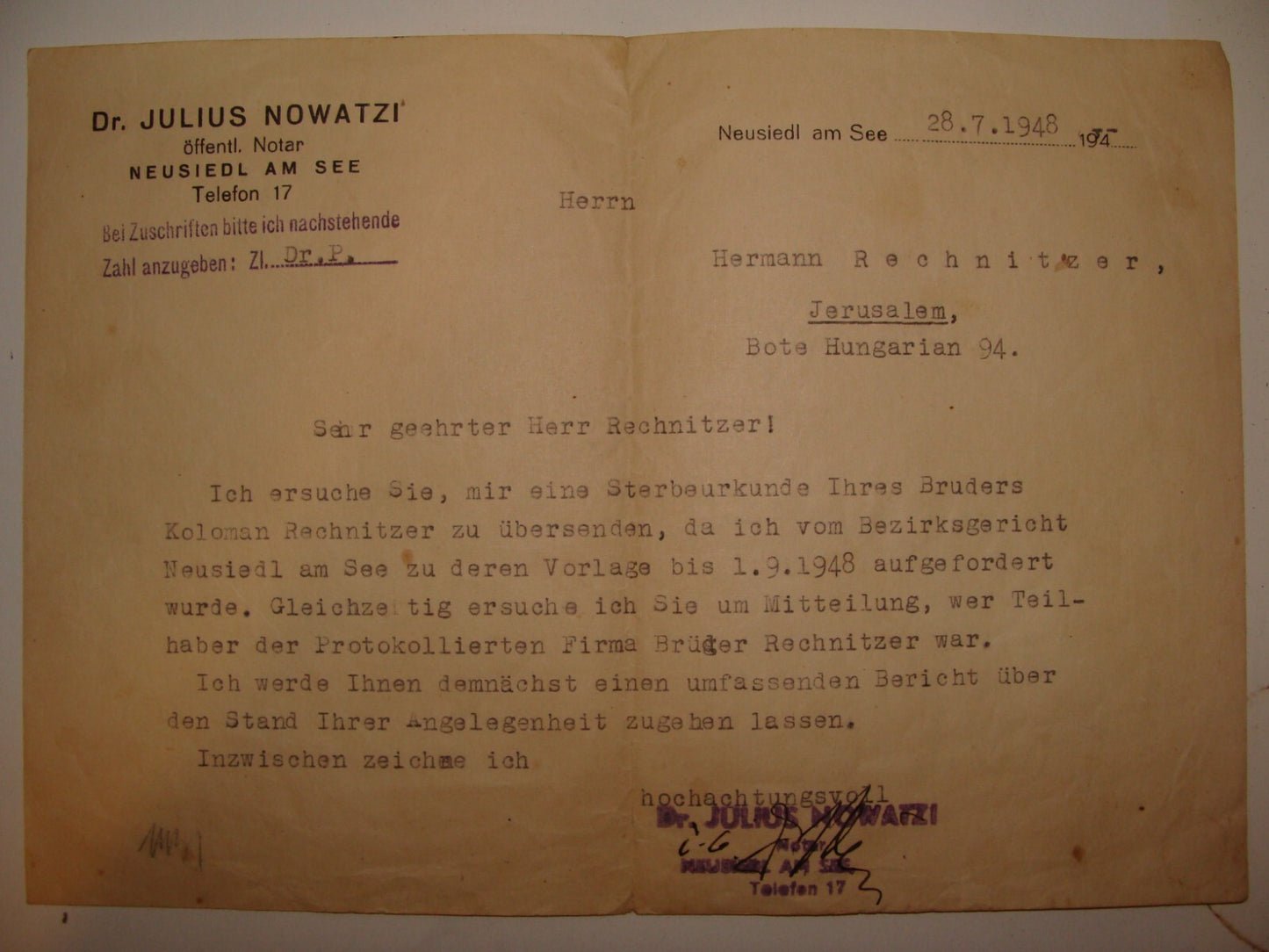 Letter Jewish 1948 Judaica Neusiedl am See Austria Julius Nowatzi Israel German