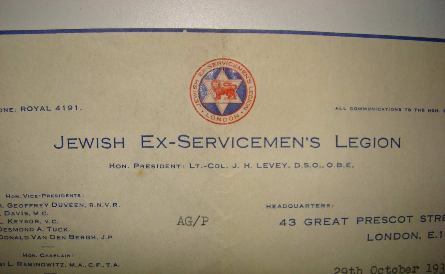 letter Jewish judaica EX-Servicemen's legion logo 1934 WW2 british army military