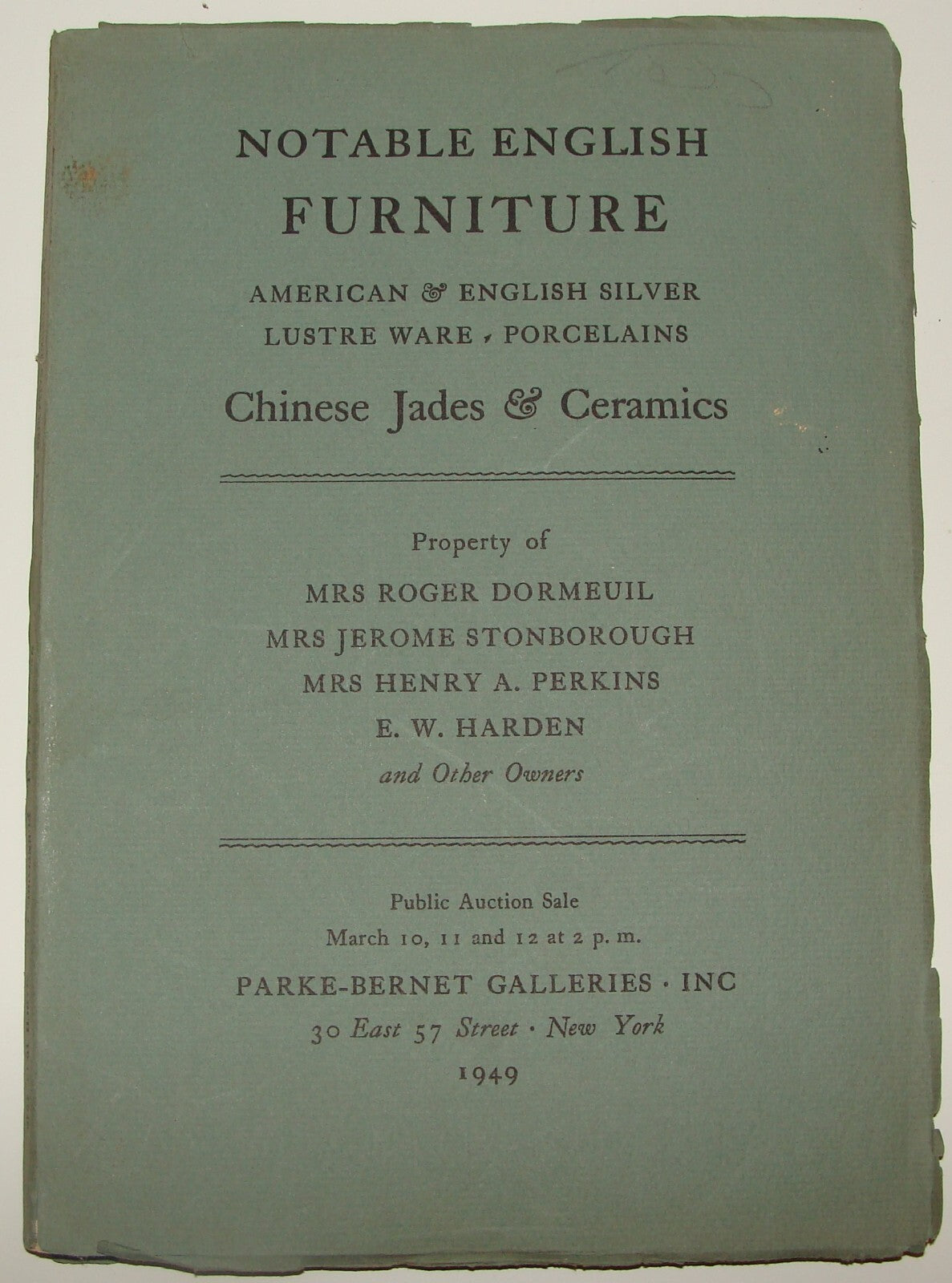 Catalog 1949 Parke Bernet English Furniture Silver Porcelain Chinese Jade