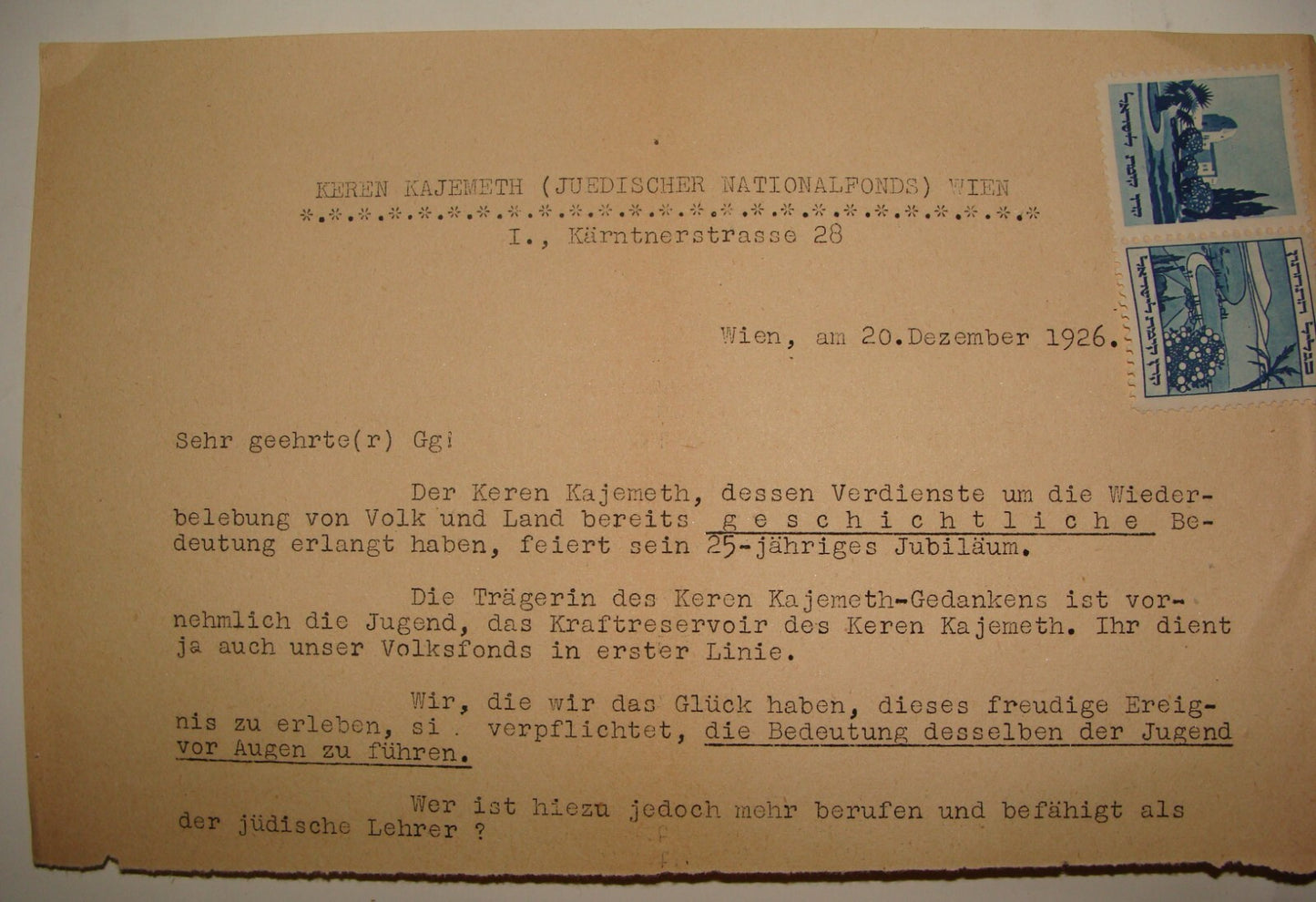 Letter Jewish National Fund Judaica 1926 Austria Vienna German Zionist Stamp