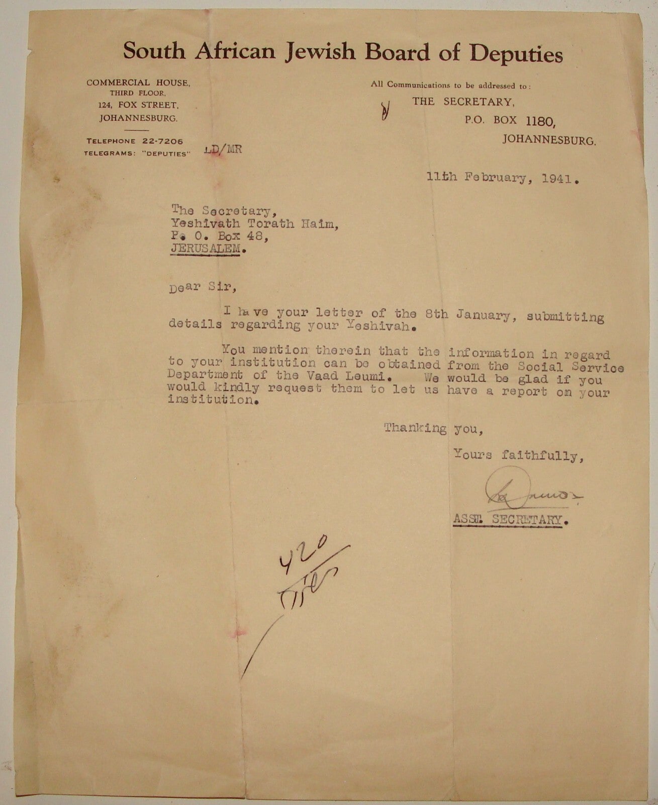 Letter Jewish Judaica South Africa Johannesburg Board of Deputies Signed 1941
