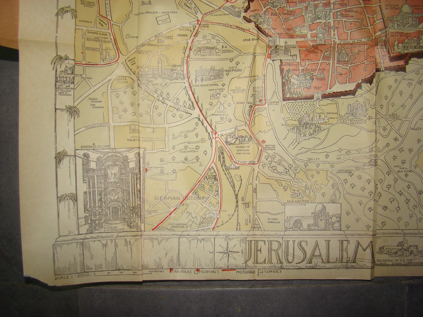 RARE Jewish Palestine Eretz Israel Jerusalem Guide Map Syrian Orphanage 1940's