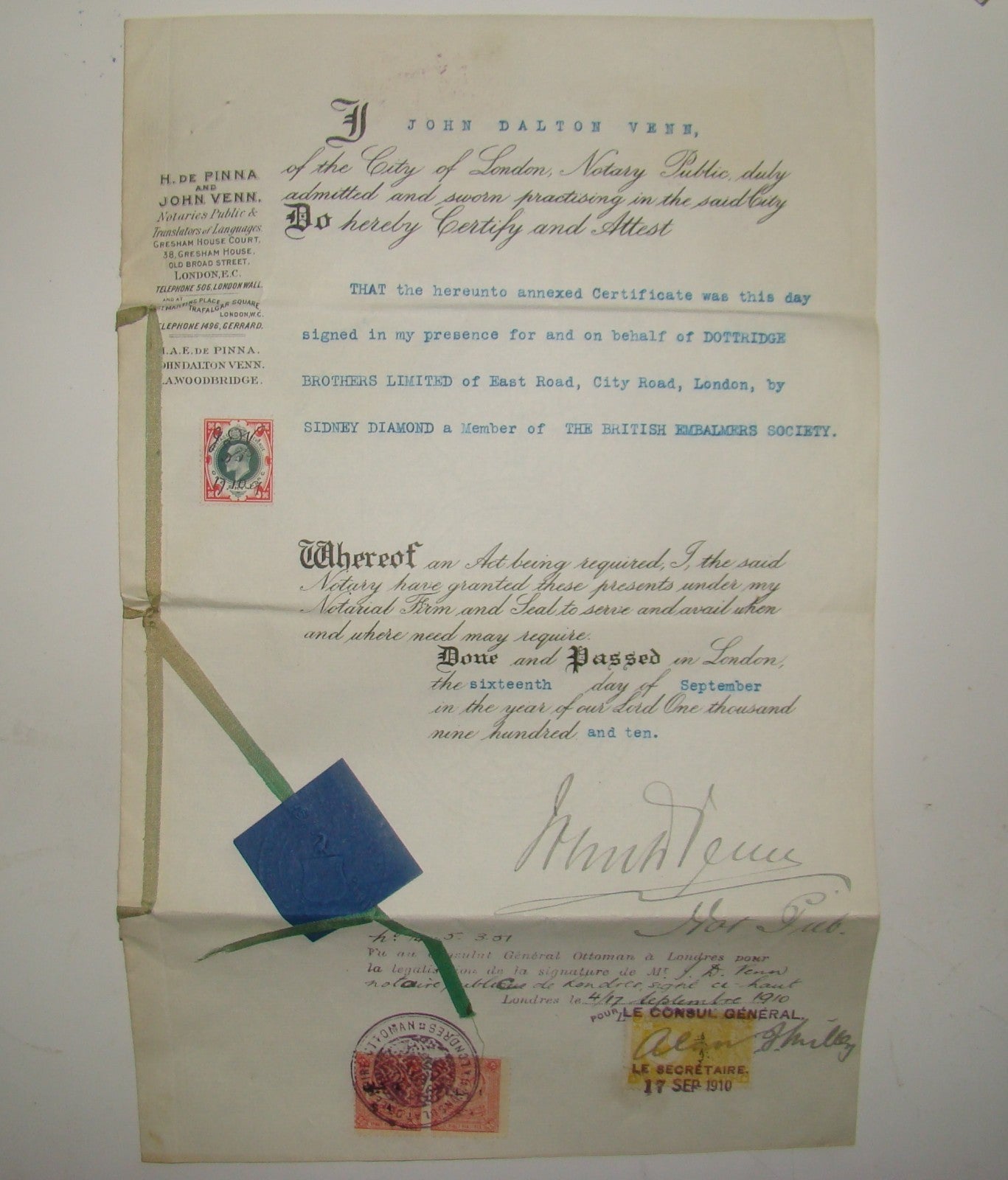 antique 1910 England London Notary Certificate John Venn Dottridge Brothers logo