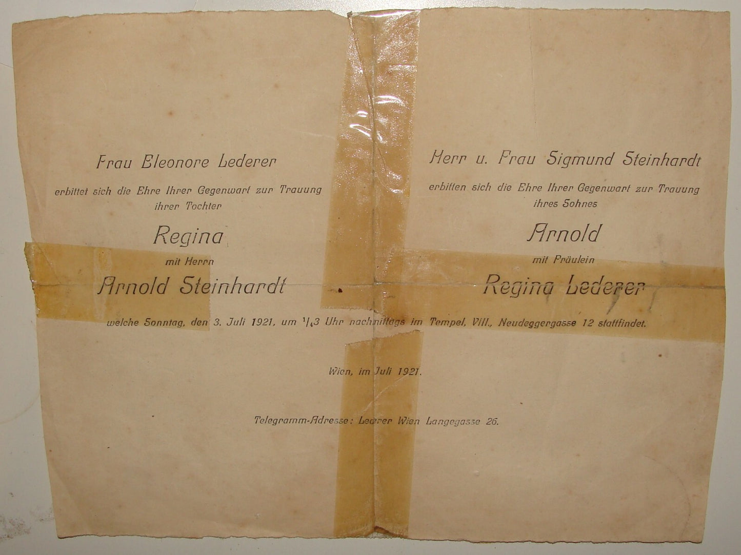 1921 Jewish Judaica Austria Vienna Wedding Invitation Neudeggergasse Synagogue