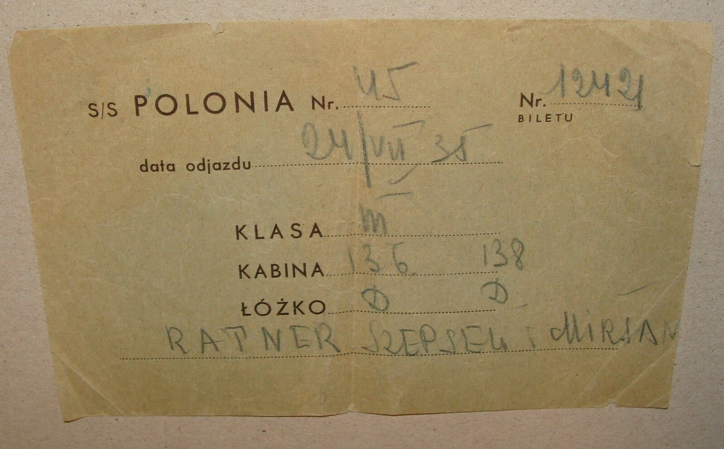 Ticket Palestine Jewish 1935 Poland POLONIA Immigrant Ship To Israel Card RATNER