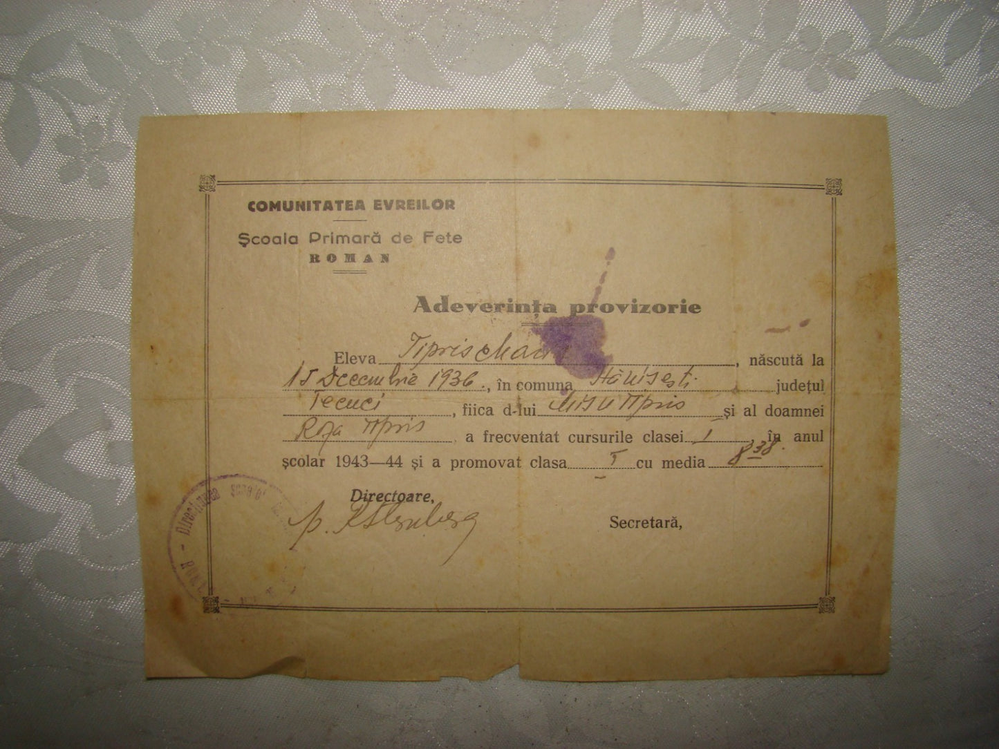 Letter Jewish Judaica WW2 1943 Romania Certificate Girls School Rabbi Signed