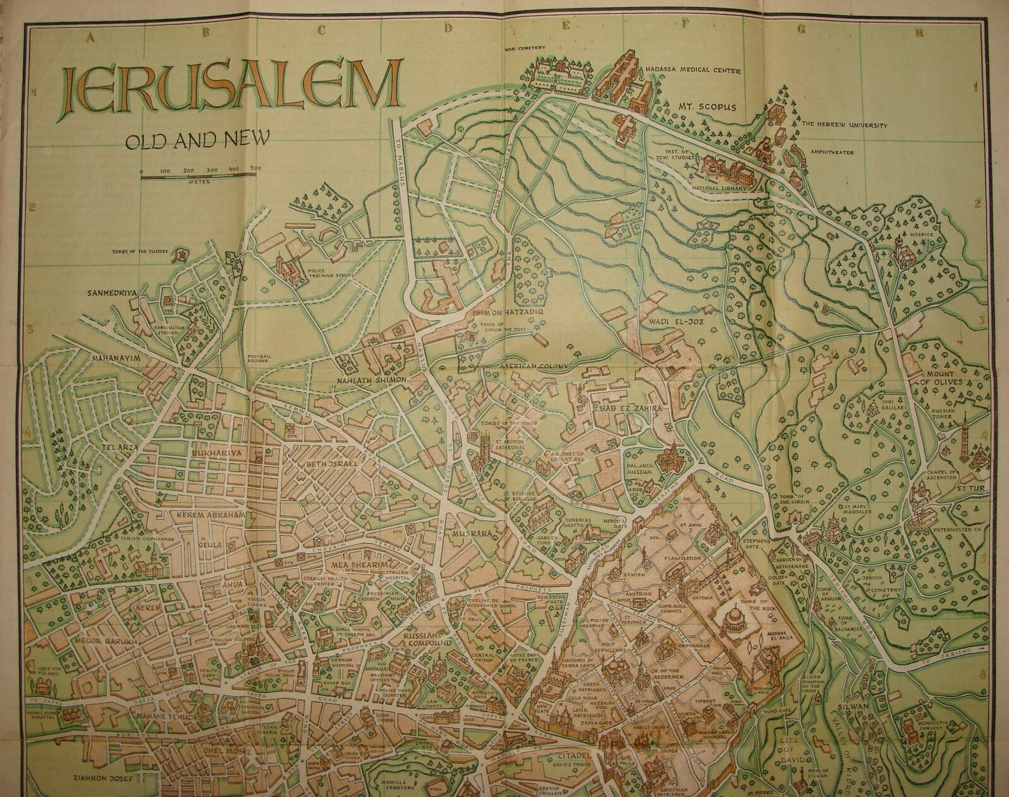 RARE 1941 Steimatzky’s Pictorial Map Jerusalem Palestine Israel Monson Litho