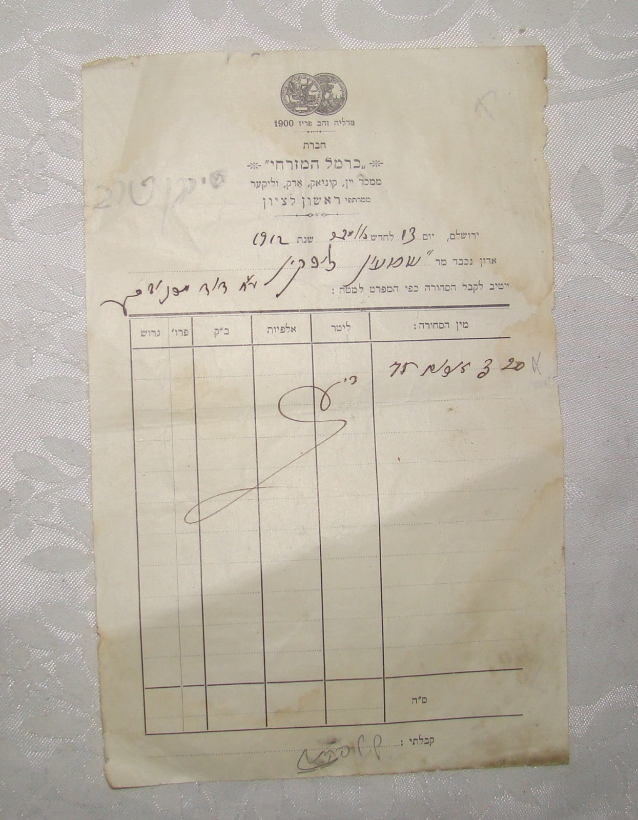 Letter Jewish Antique Hebrew Ottoman Israel Wine Carmel Mizrahi Label Ad Company