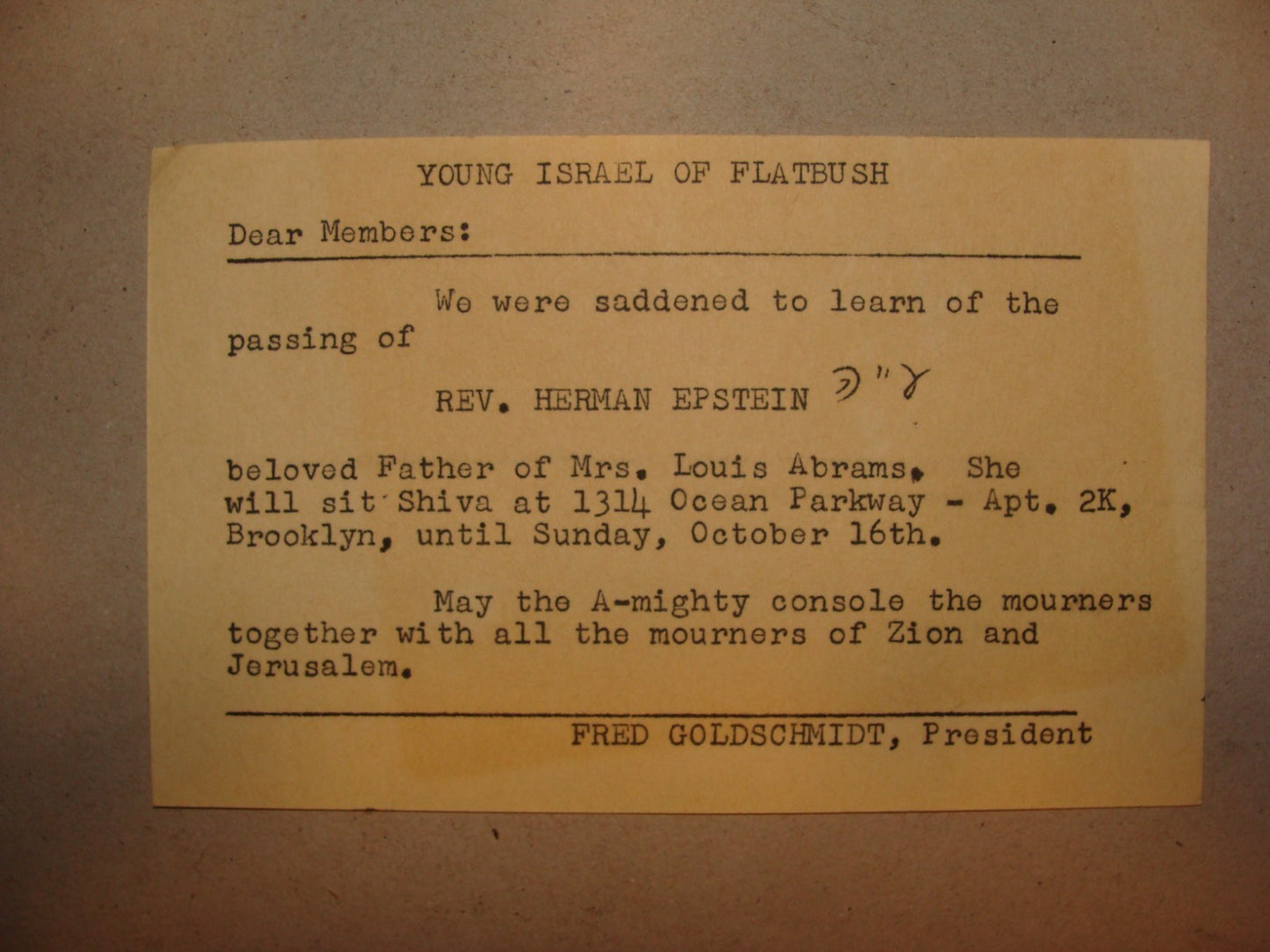 Card Jewish American New York Young Israel of Flatbush Goldschmidt EPSTEIN