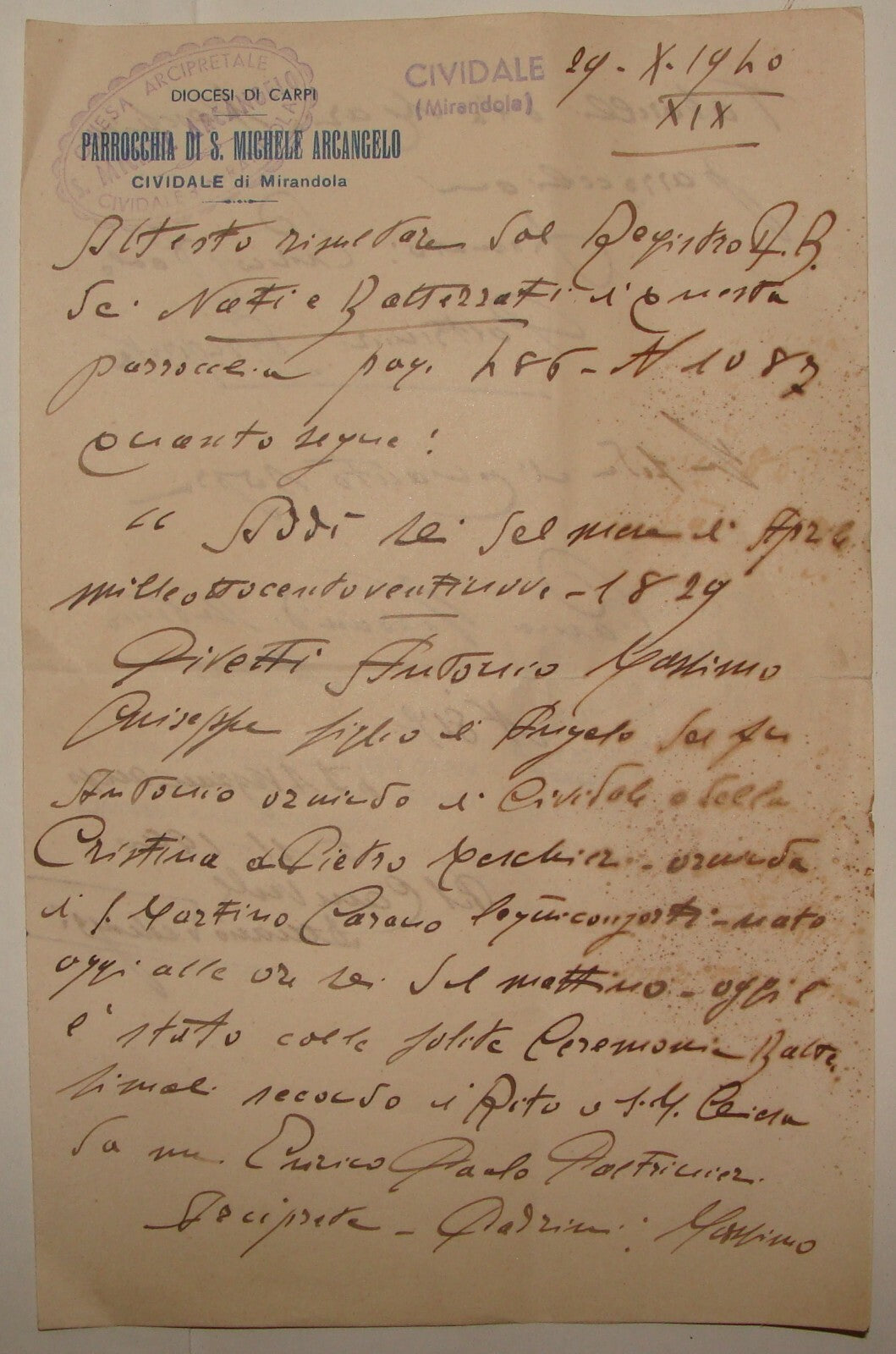 1940 Italy Letter parrocchia di s. michele arcangelo Cividale Diocesi Di Carpi