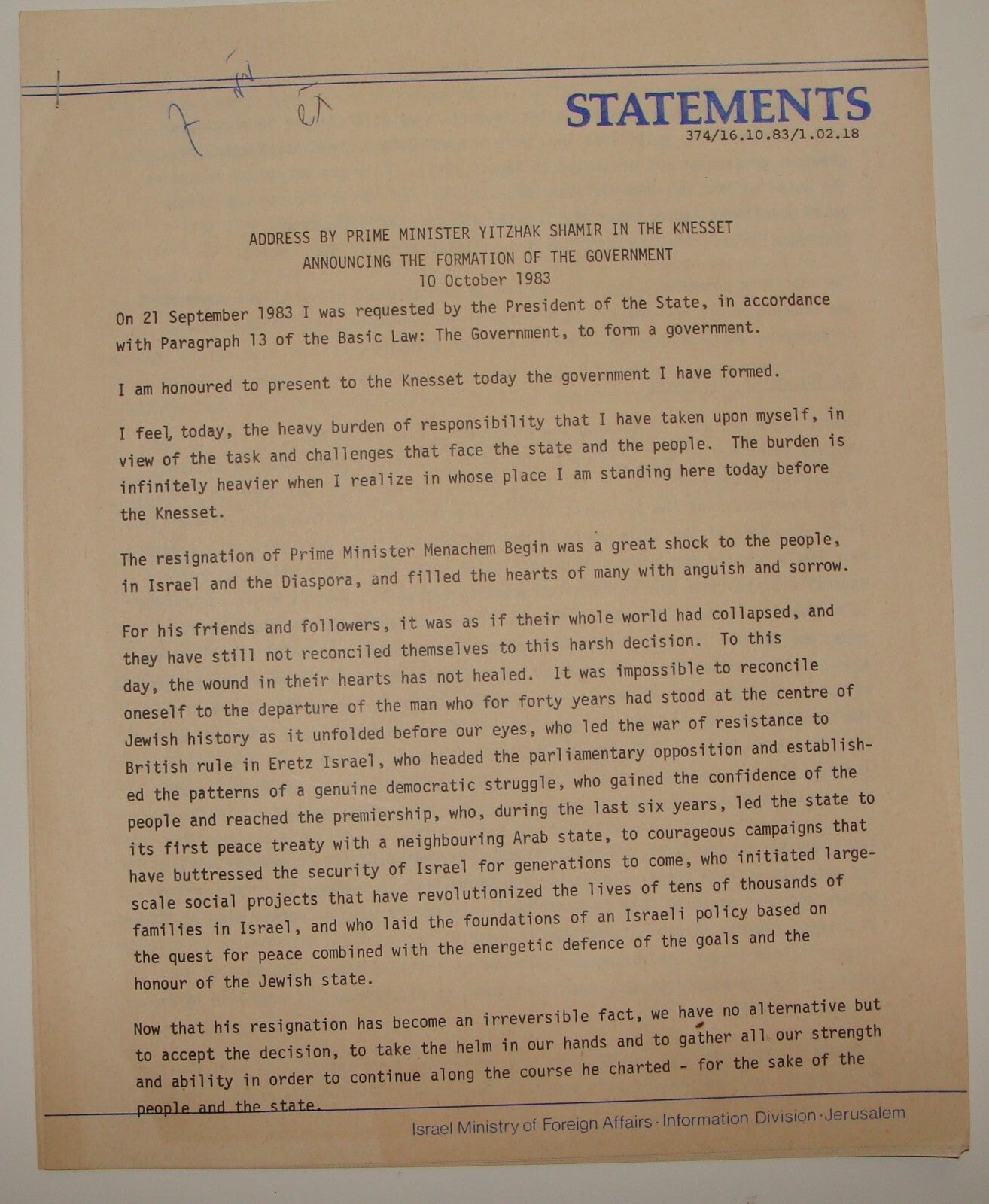 Pol Form Jewish Israel Israeli Prime Minister Yitzhak Shamir Address Government