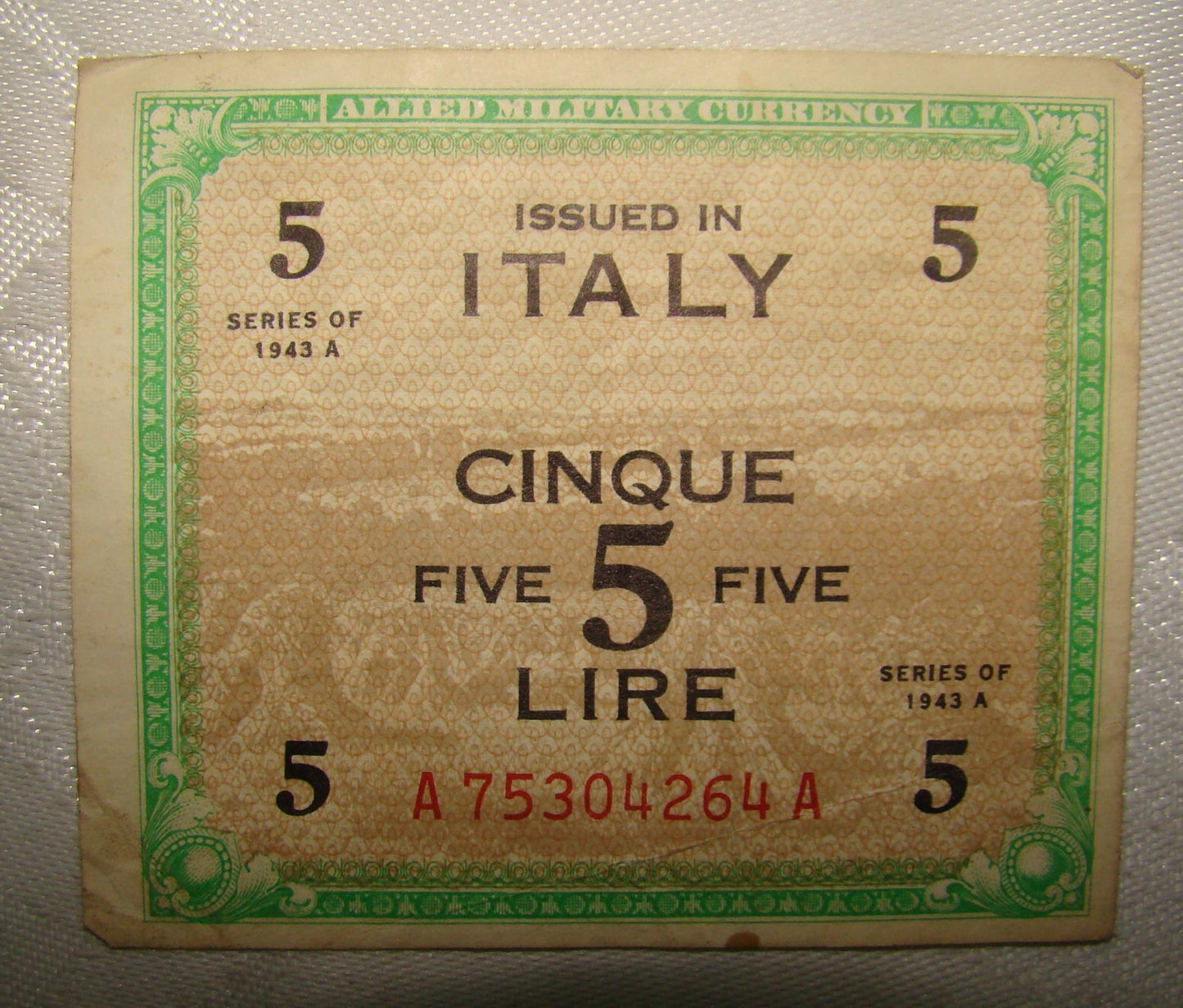 WW2 1943 Allied Military Currency Italy 5 Lire Bill Banknote