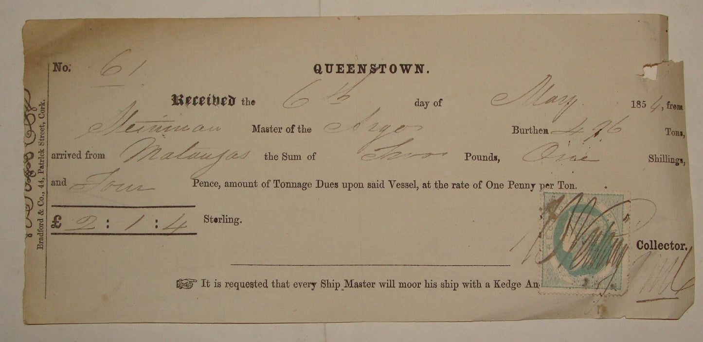 Ireland Cobh Queenstown Cork Payment Cheque Receipt One Penny Stamp 1854
