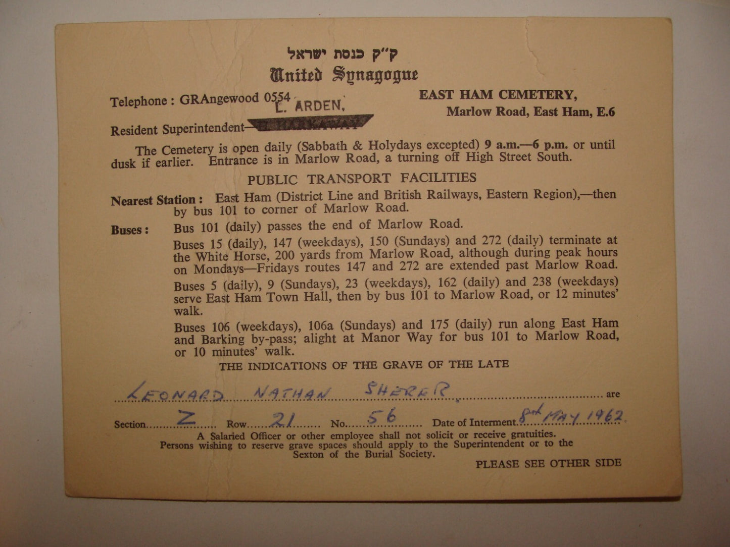 Card Jewish Judaica UK England London United Synagogue East Ham Cemetery SHERER