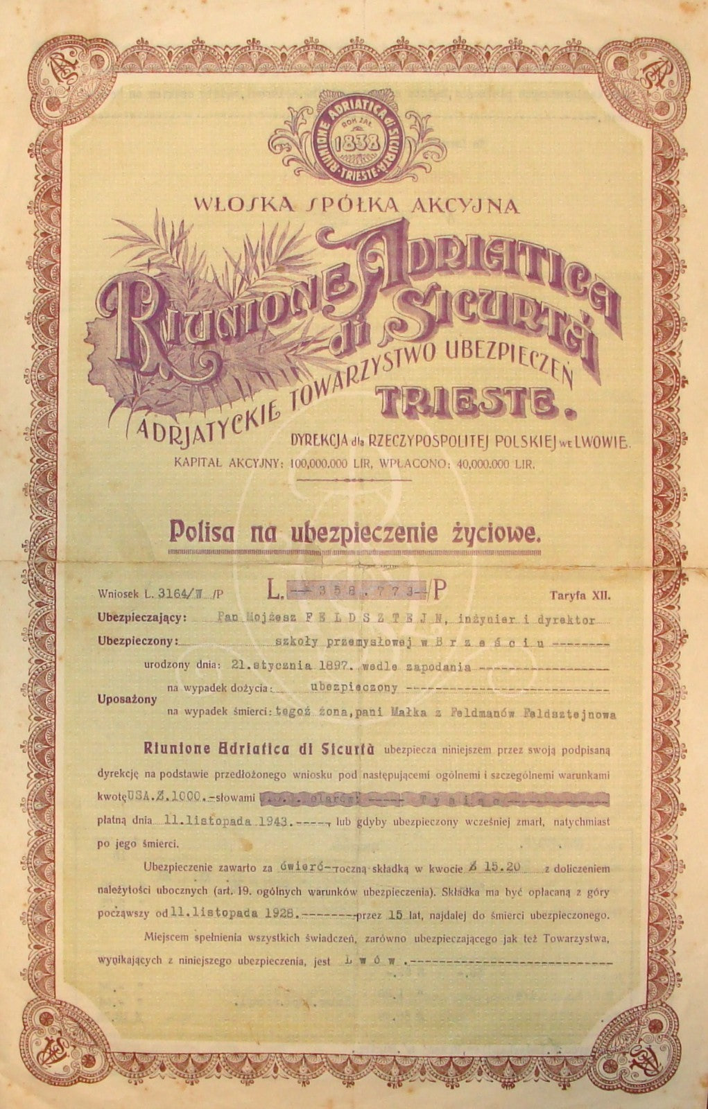 Palestine RIUNIONE ADRIATICA DI SICURTA TRIESTE Insurance Policy 1930s