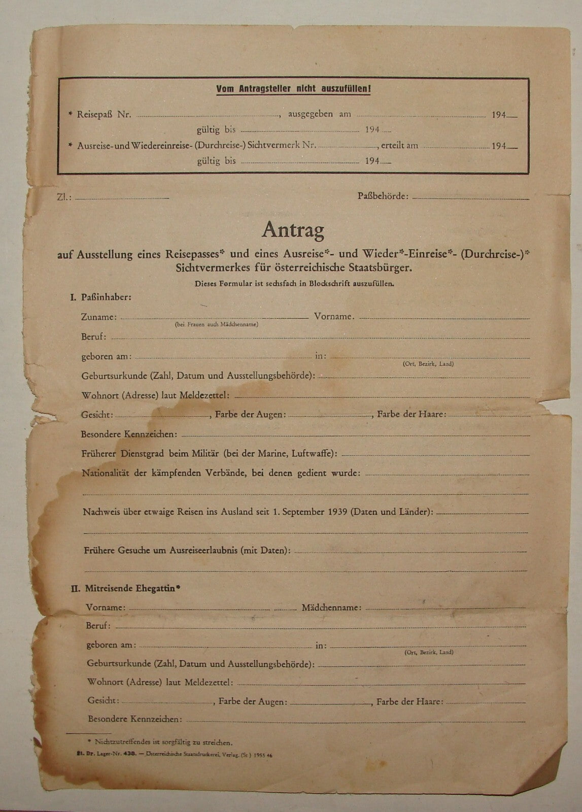 1940s WWII Austria Passport Visa Application Form Reisepass German