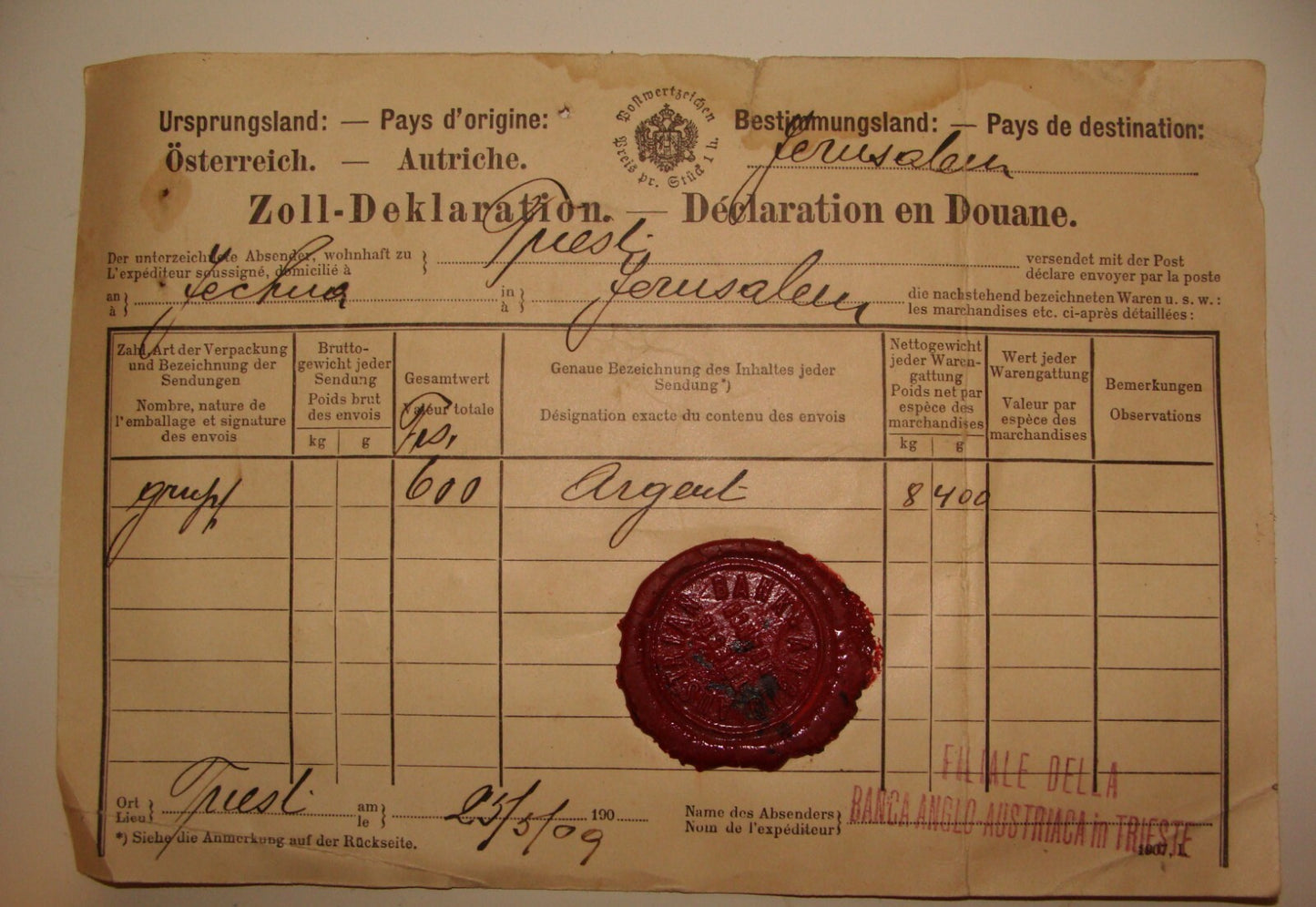 Document Palestine 190? Bank Anglo Austria Trieste Italy Stamp Ottoman Jerusalem