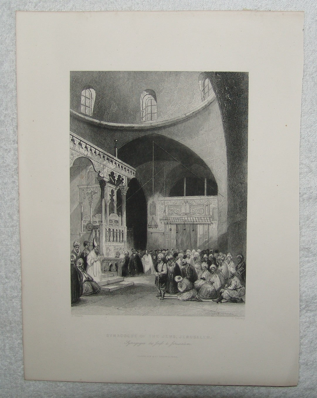 Jewish Judaica Antique c. 1836 Engraving Synagogue of Jerusalem Sephardi Print