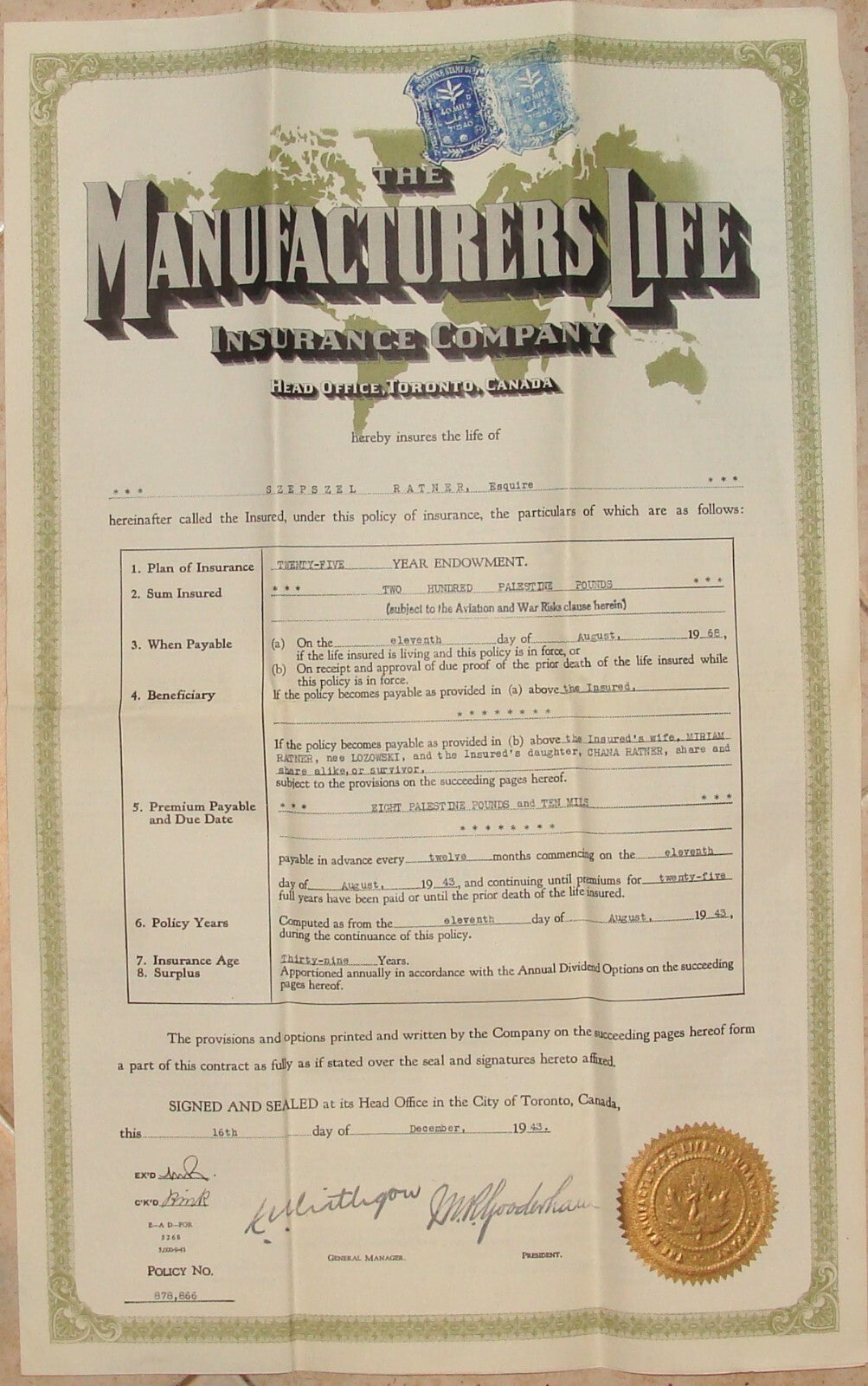Palestine 1943 Canada Manufacturers Life Insurance Company Certificate Israel