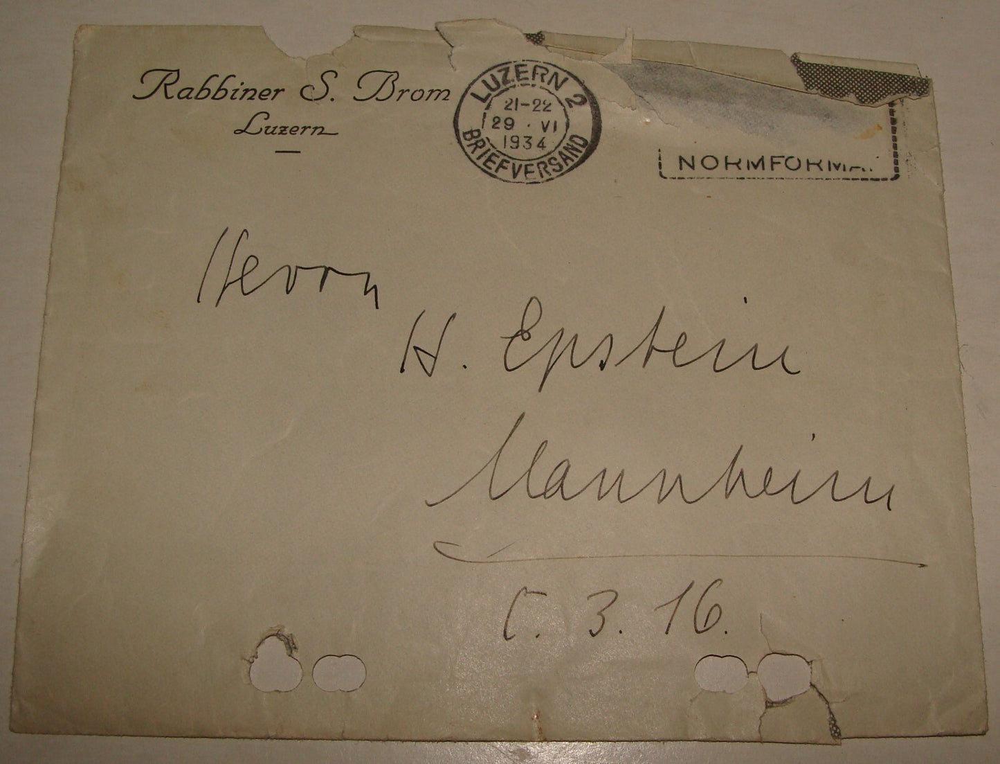 Letter Jewish RARE Judaica 1934 German Switzerland Luzern Rabbi Brom Signed
