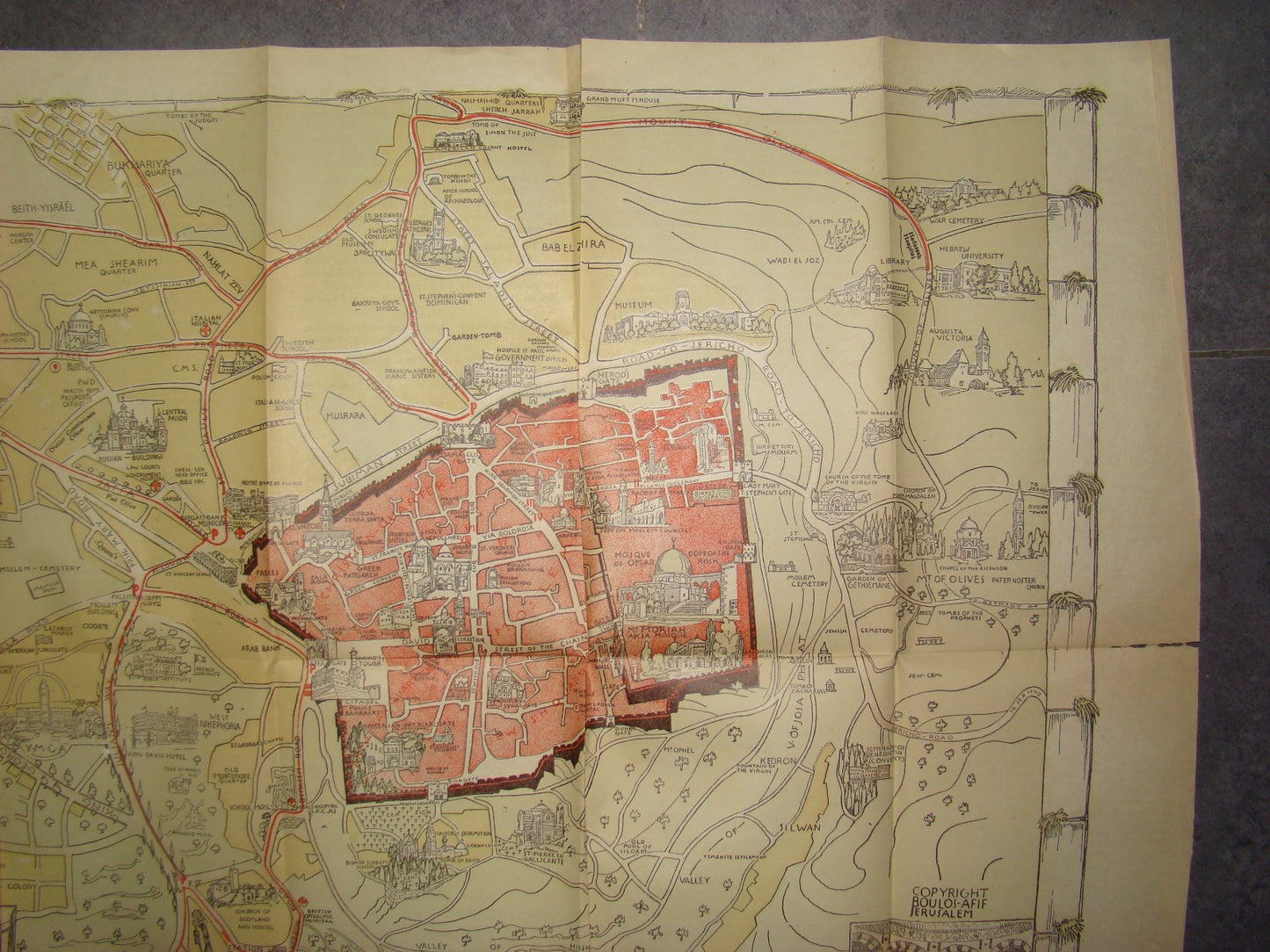 RARE Jewish Palestine Eretz Israel Jerusalem Guide Map Syrian Orphanage 1940's