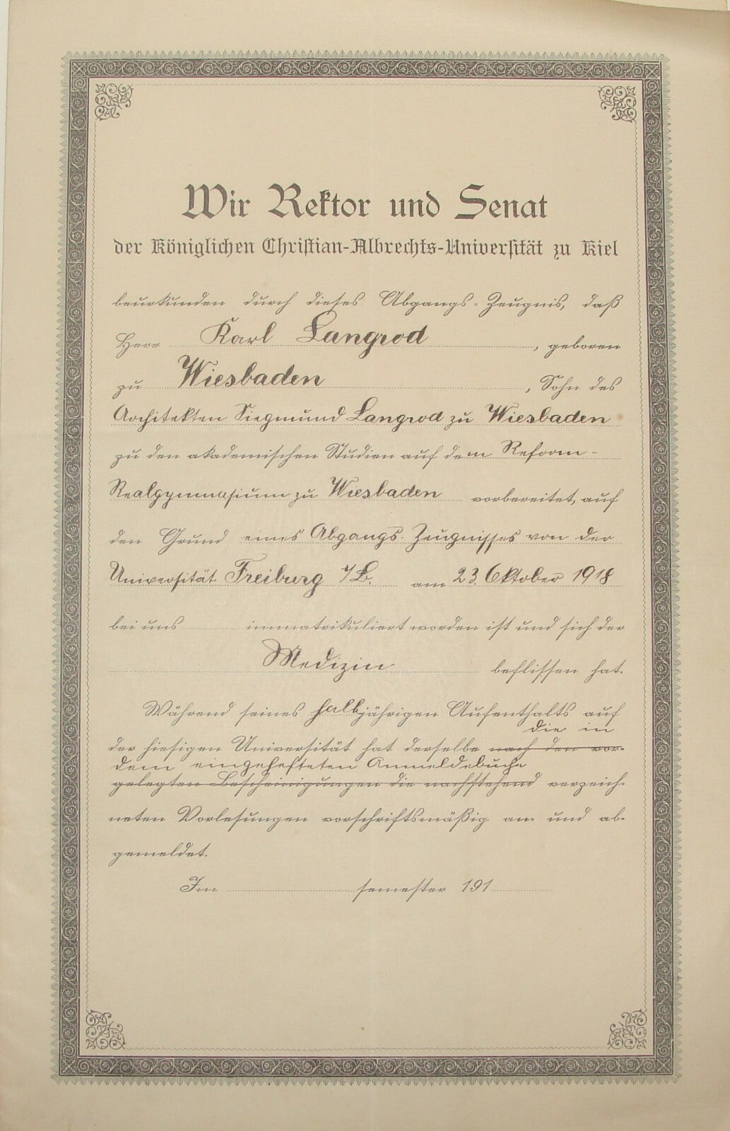 Germany 1918 German Kiel Christian Albrechts University Certificate