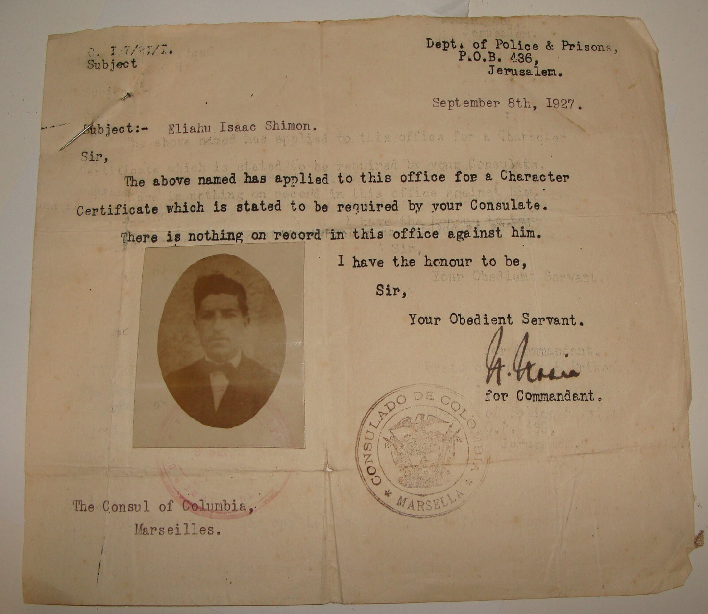 Letter Palestine 1927 Colombia Consul France Marseilles Jerusalem Police Jewish