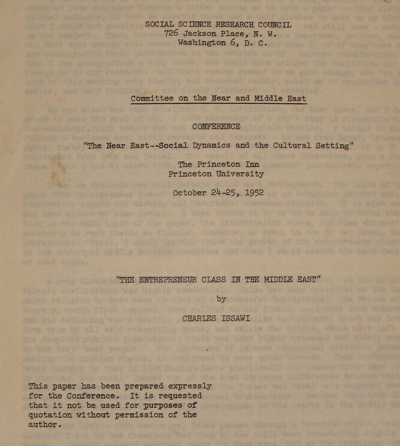 1952 Princeton University Paper Charles Issawi Middle East Conference USA