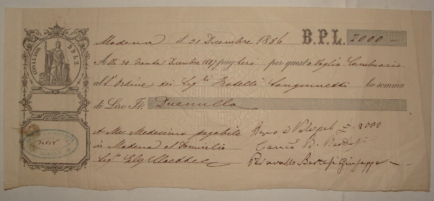 Antique 1886 Italy Italia Cheque Check Bank Modena Payment B.P.L