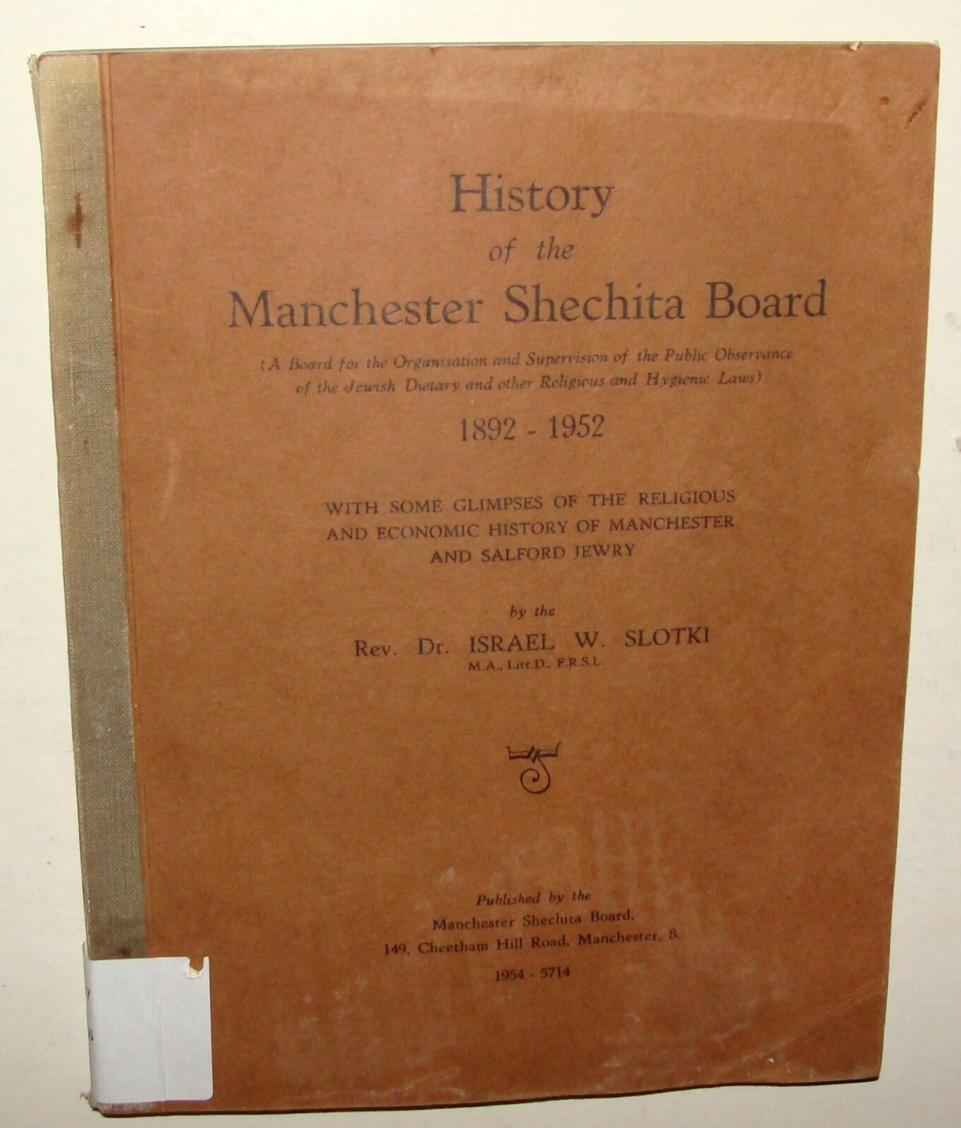 Book Jewish Judaica History of the Manchester Shechita Board 1954 Britain UK
